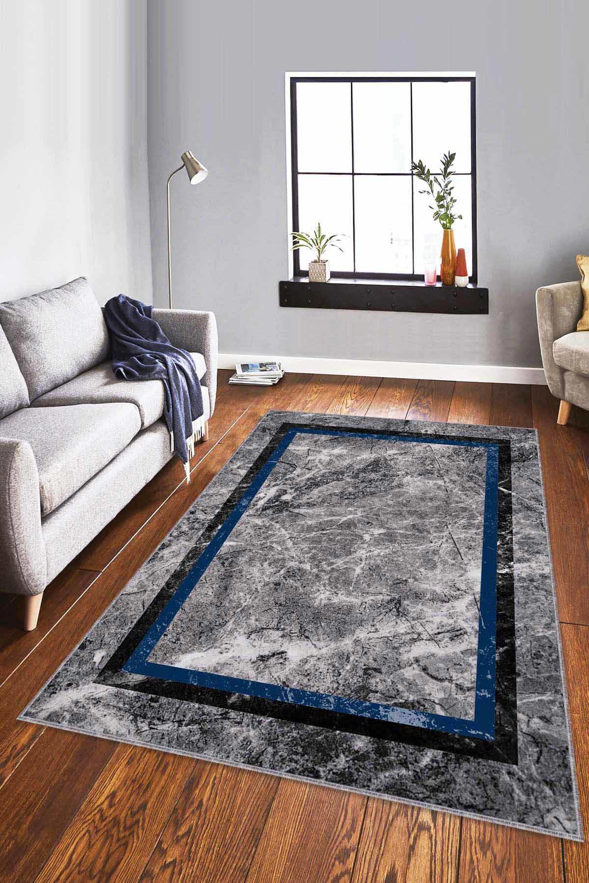 Viva Home RV106 Lacivert 7 mm Mikropolyester Leke tutmaz Yıkanabilir İnce Kaymaz Dikdörtgen Makine Dokuma Salon Halısı 160x230 cm