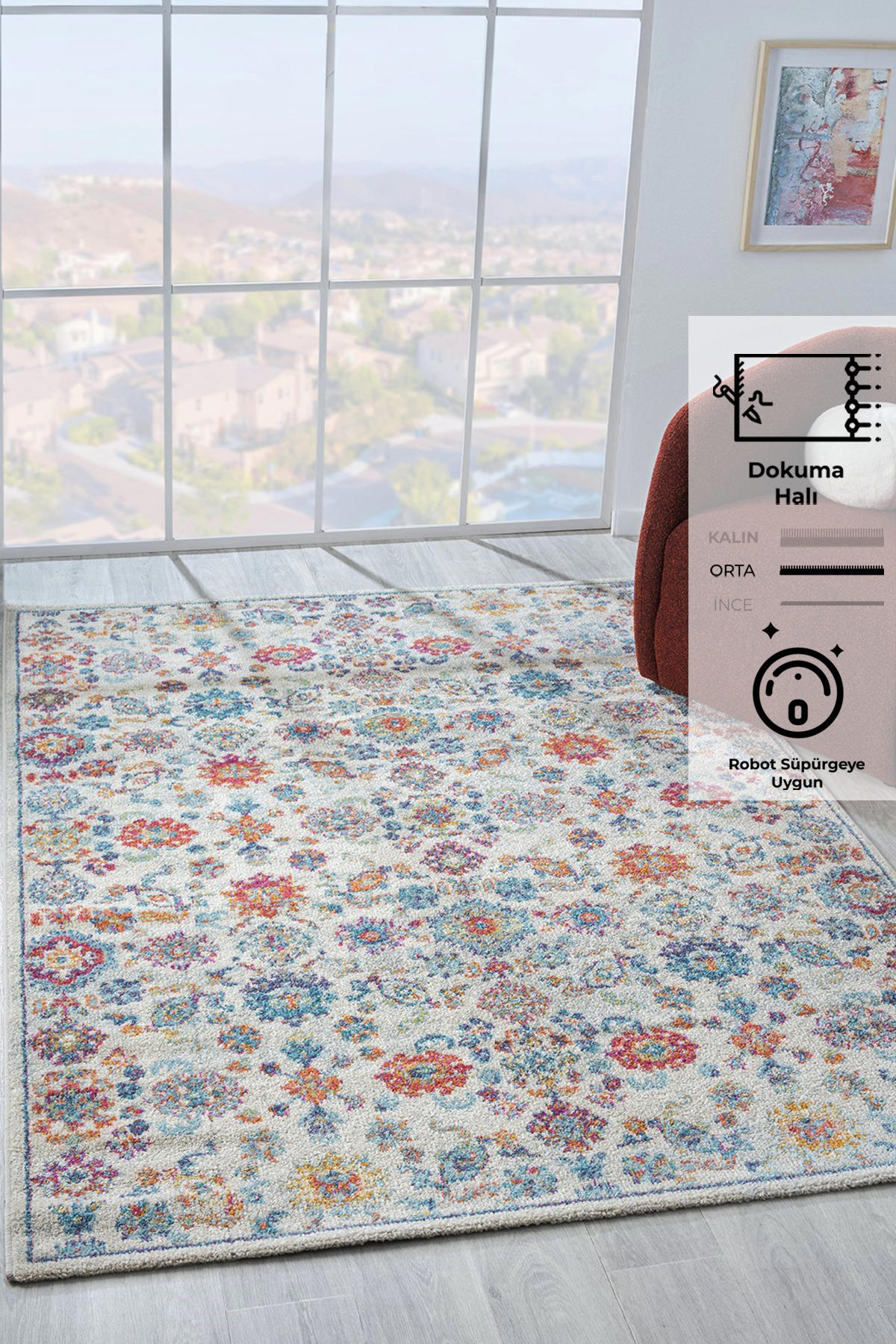 Konfor Halı Vintage 7660 Mavi 7 mm Polipropilen Yıkanabilir Dikdörtgen Makine Dokuma Salon Halısı 120x180 cm