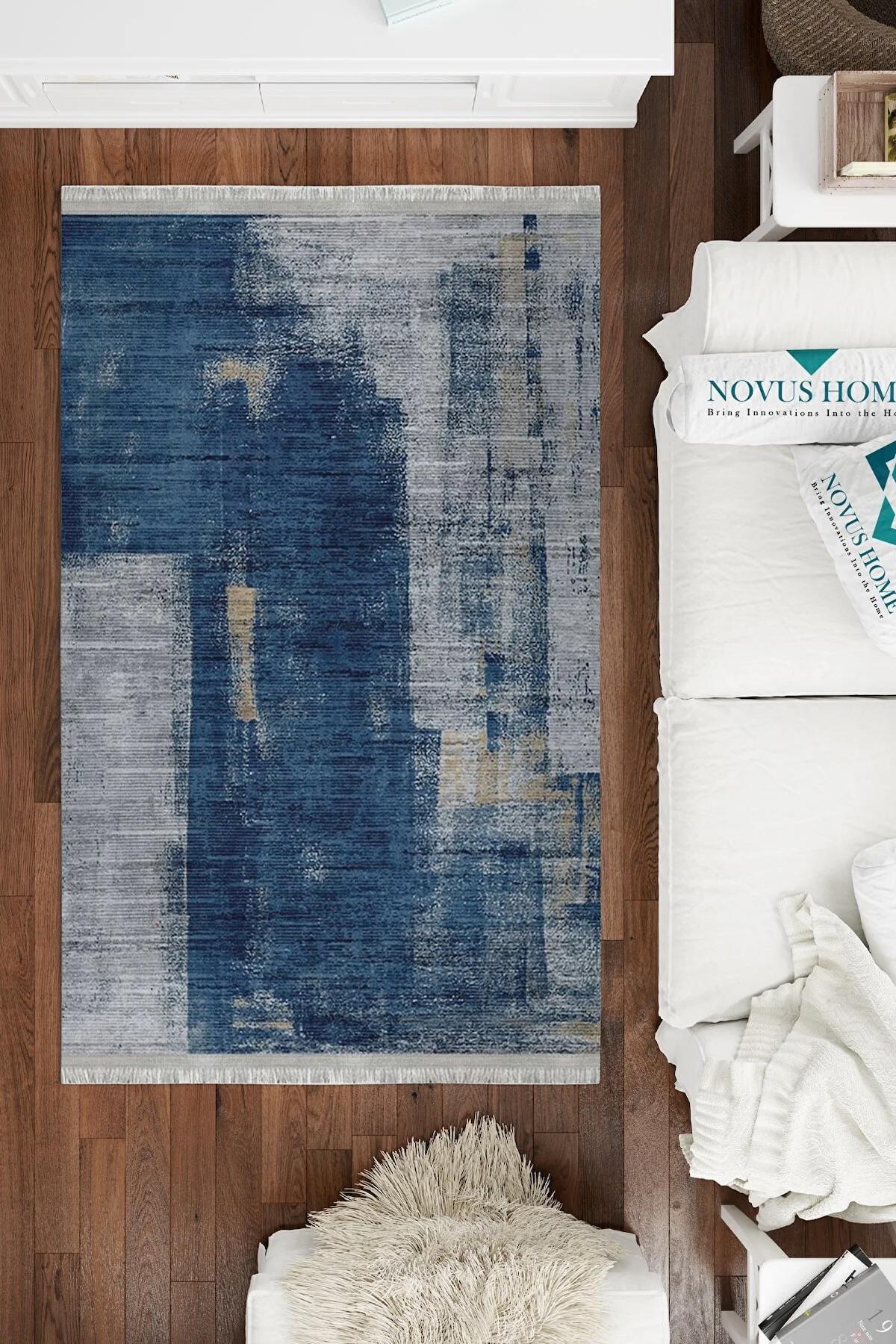 Novus Home Punto Serisi Gri-Lacivert 7 mm Polyester Antibakteriyel-Toz Tutmaz-Yalıtıma Yardımcı Yıkanabilir İnce Kaymaz Taban Dikdörtgen Makine Dokuma Antre-Salon-Yatak Odası Halısı 160x230 cm