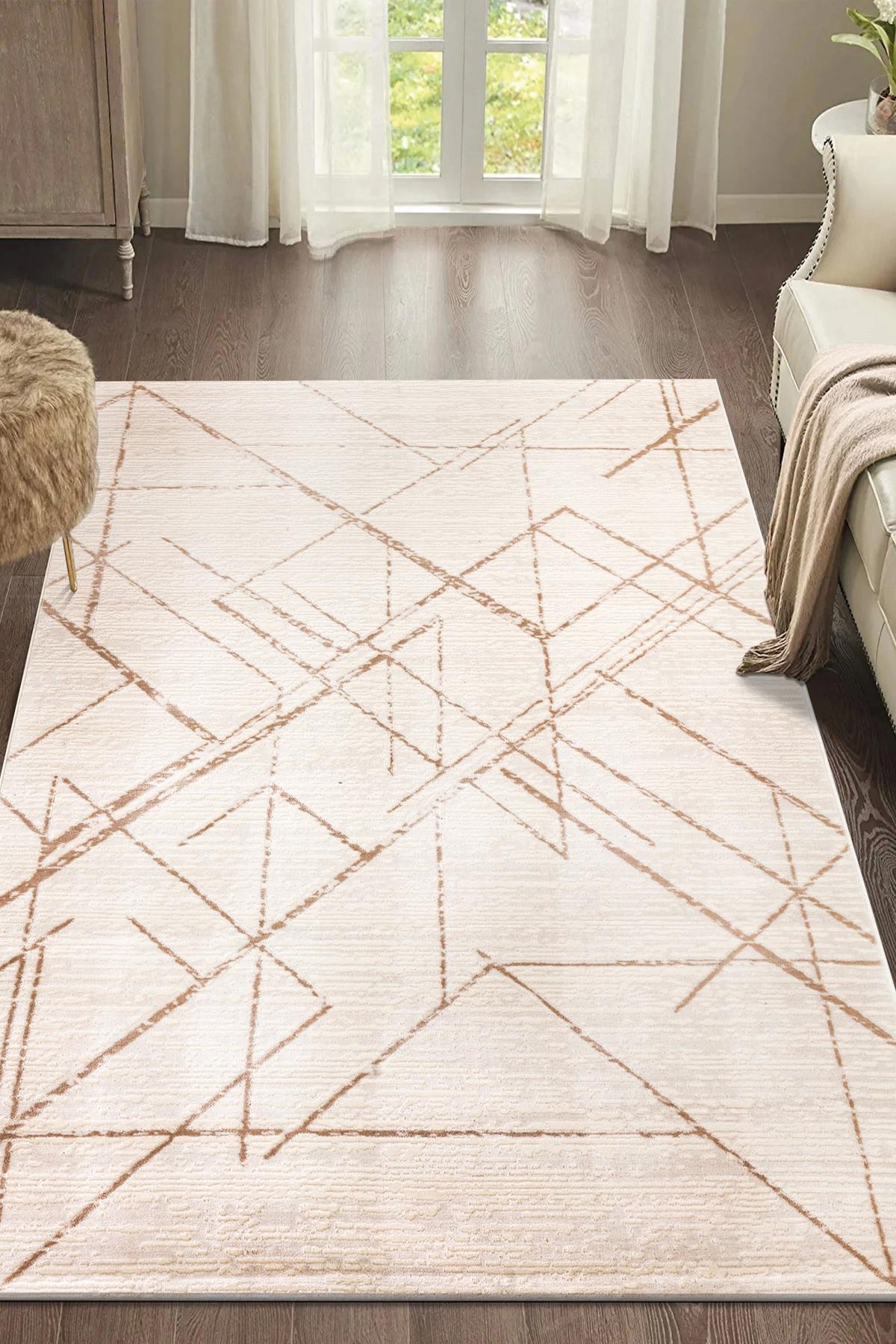 Şehrazat Home 1220 Bej 0.9 mm Polyester Antibakteriyel Yıkanabilir İnce Kaymaz Dikdörtgen Makine Dokuma Salon Halısı 180x250 cm
