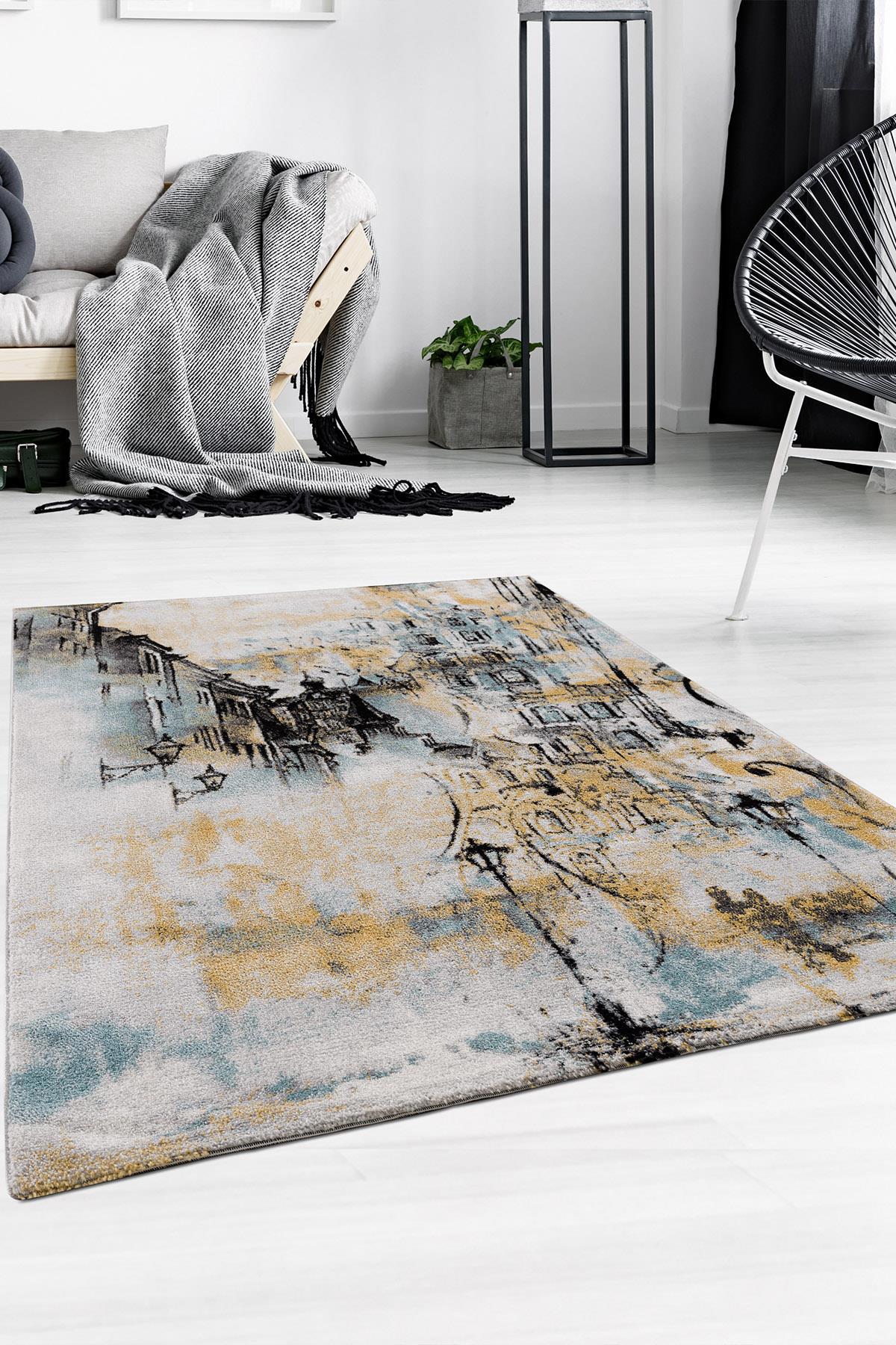 Petra Home Living Safir Sarı Pamuk Yıkanabilir Kalın Kaymaz Lateks Taban Dikdörtgen Makine Dokuma Salon Halısı 120x200 cm