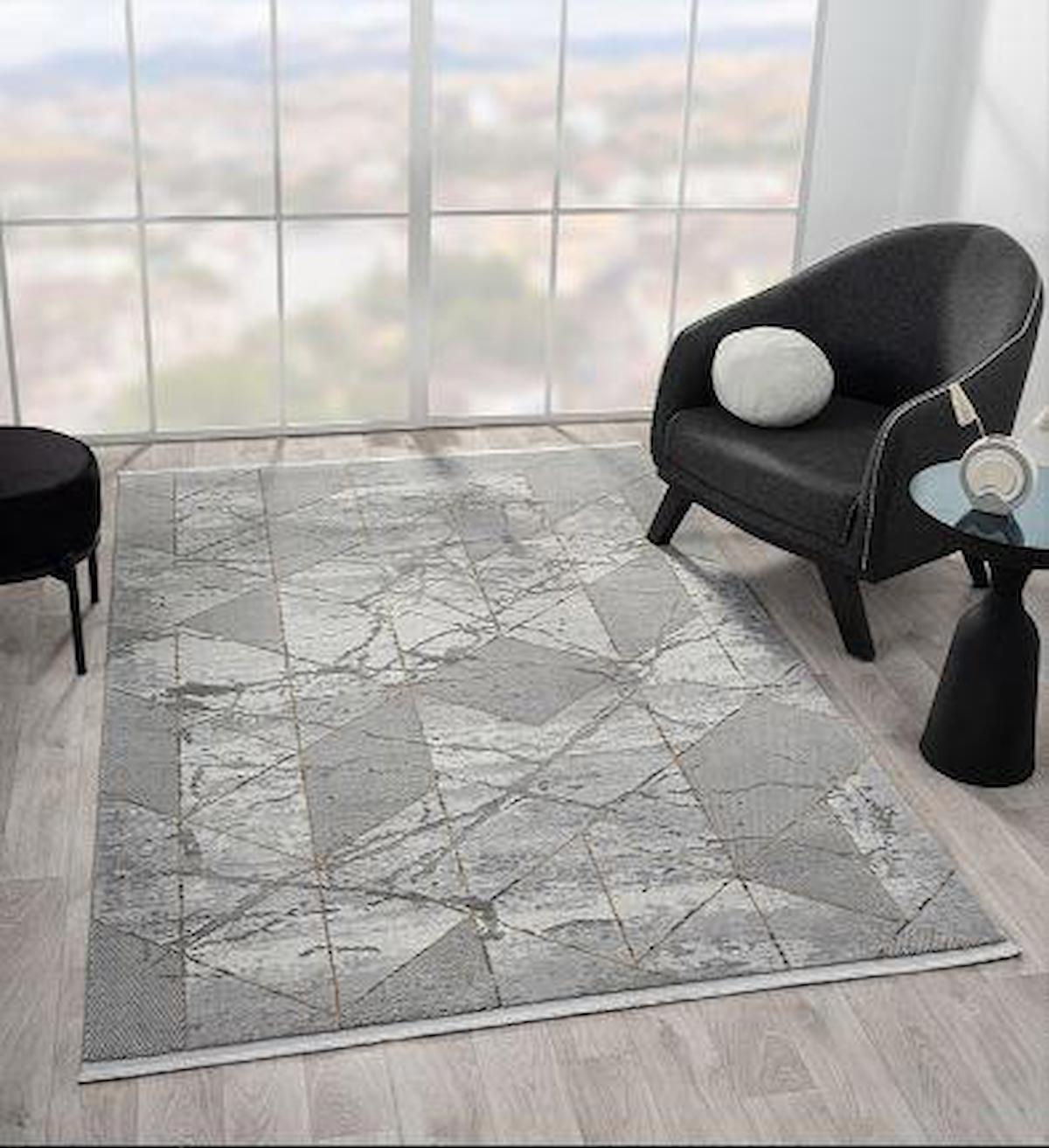 Çam Halı Maya MV006G Gri 11 mm Polyester Silinebilir Yıkanabilir Orta Dikdörtgen Makine Dokuma Salon Halısı 80x120 cm