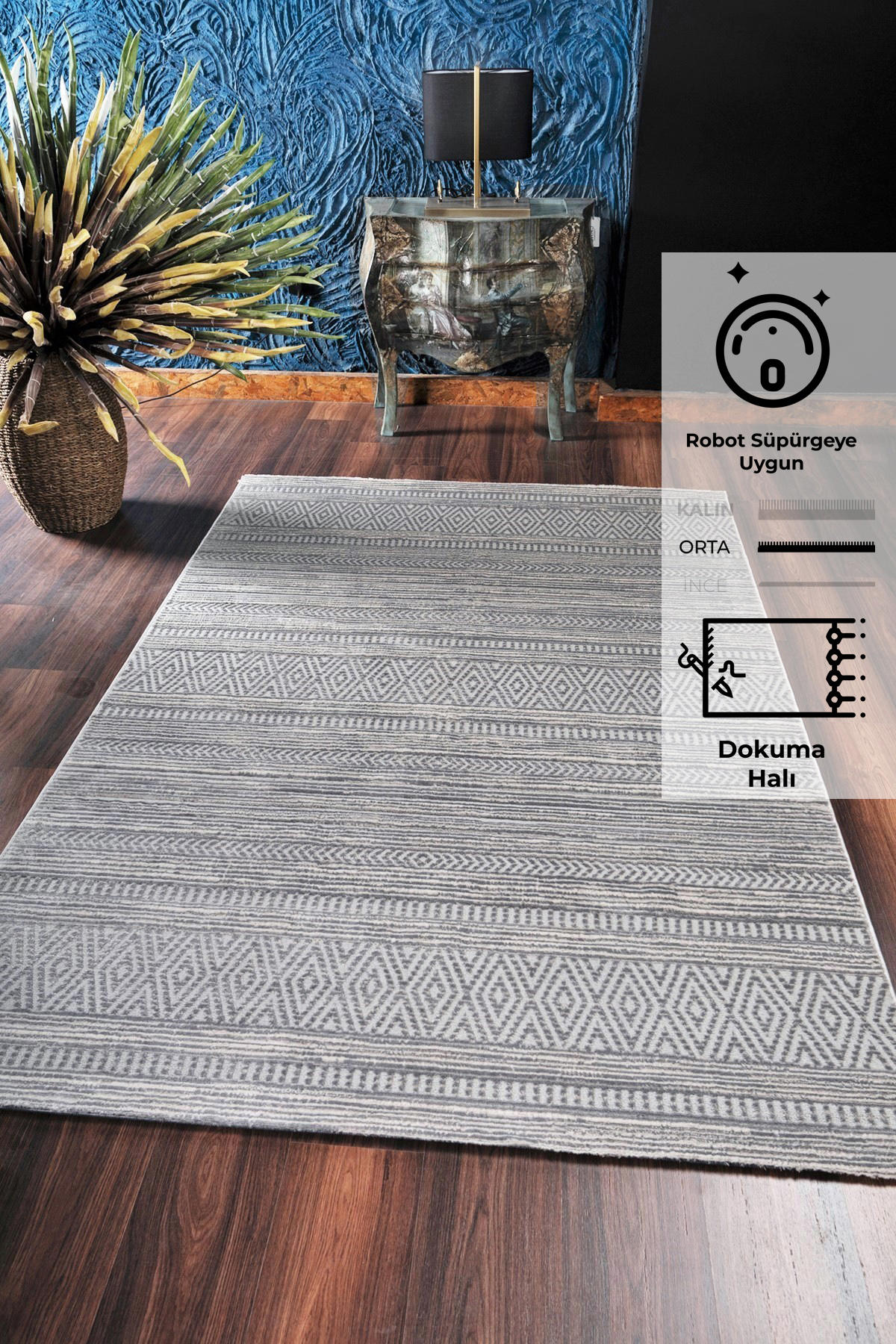 Konfor Halı Motto 4480 Gri 7 mm Polyester Yıkanabilir Dikdörtgen Makine Dokuma Salon Halısı 200x300 cm