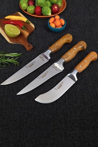 LAZBİSA Hand Craft 3 Parça Mutfak Bıçak Seti Et Ekmek Sebze Meyve Bıçak ( No: 1 - Yüzme - Sıyırma )