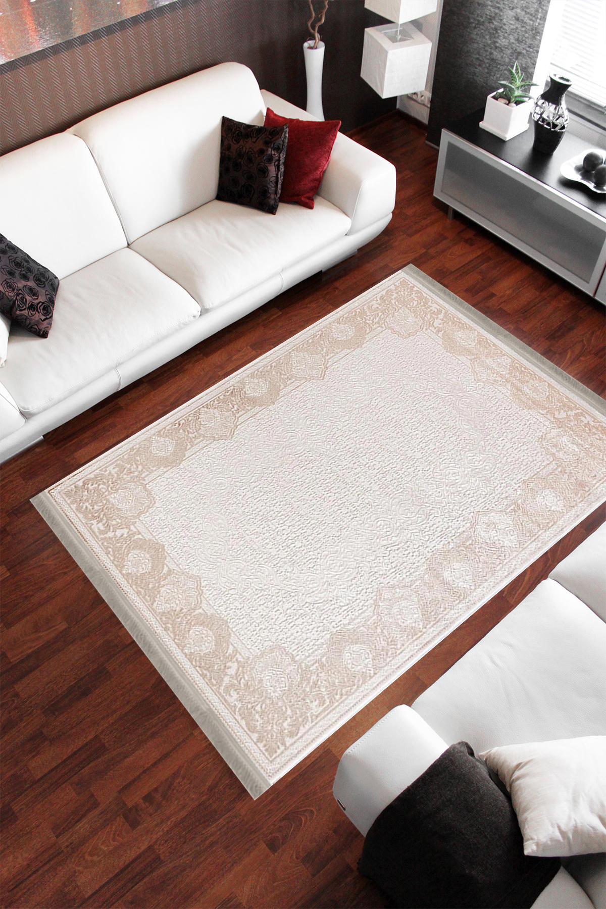 Homier Collection H-KS-3066A Krem 7 mm Pamuk Antibakteriyel Yıkanabilir Orta Kaymaz Dot Taban Dikdörtgen Makine Dokuma Salon Halısı 120x160 cm
