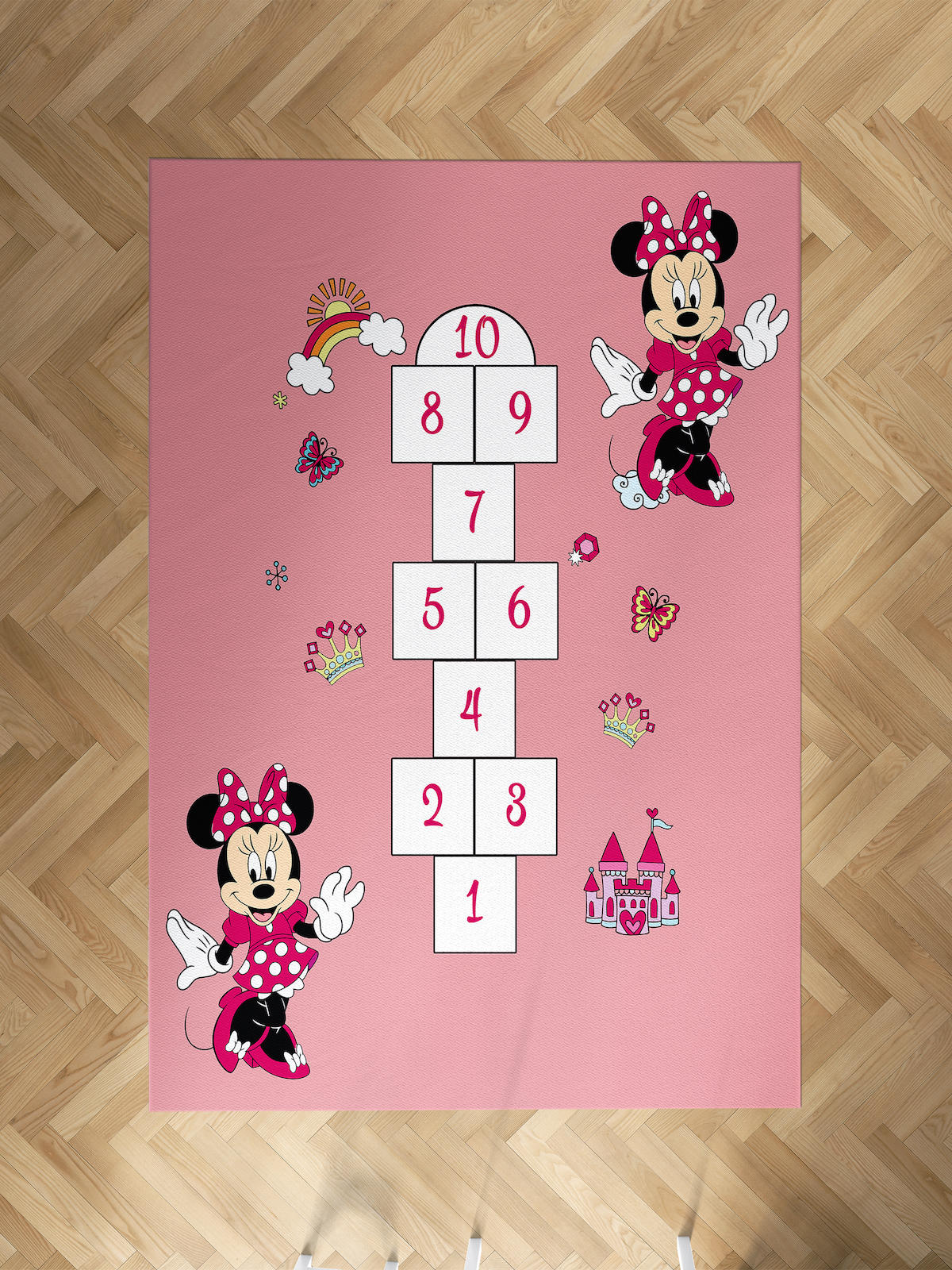 Mekta Home Minnie Mouse-Seksekli Krem 10 mm Antibakteriyel Yıkanabilir İnce Kaymaz Dot Taban Dikdörtgen Makine Dokuma Çocuk Odası Halısı 60x150 cm