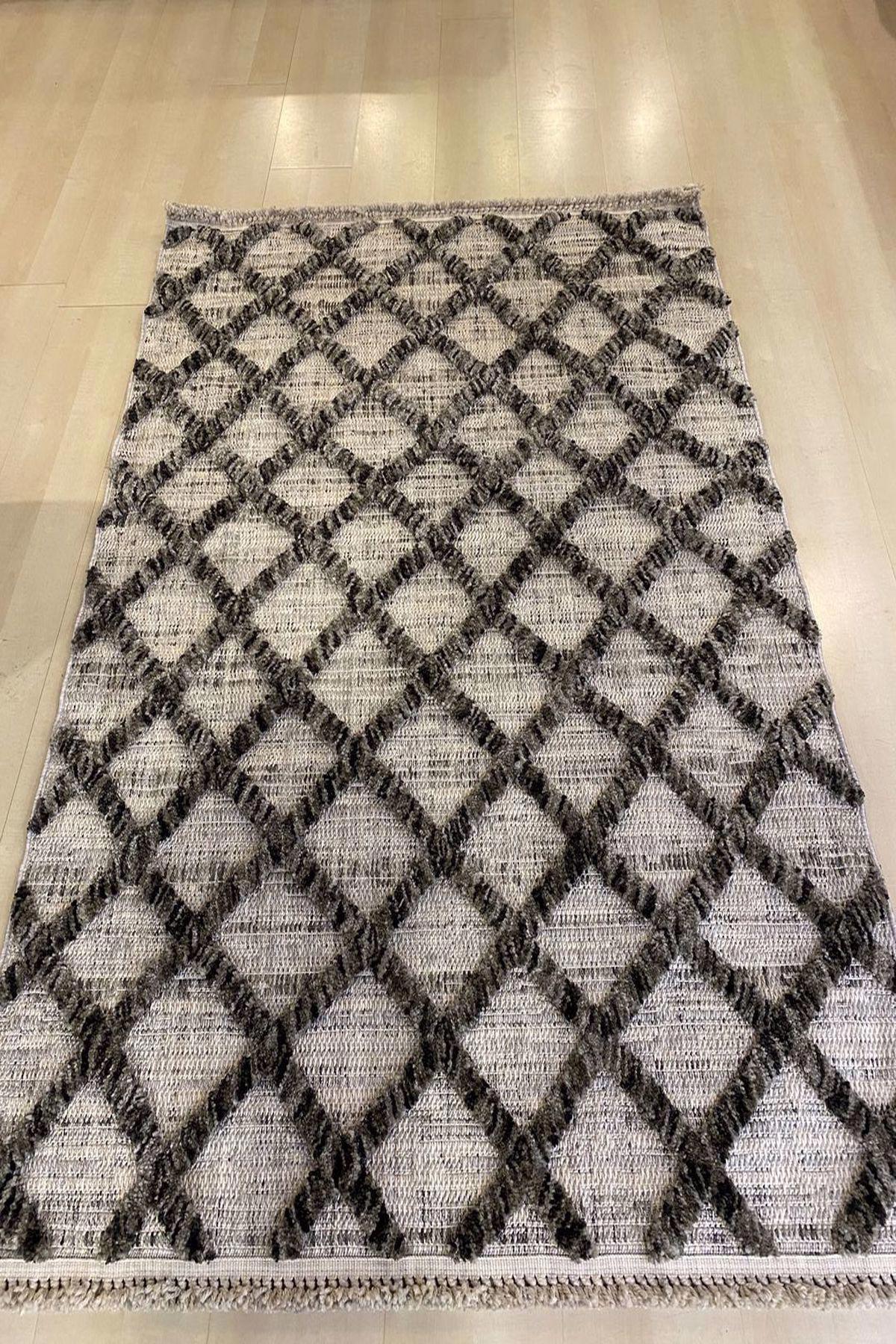 Eko Halı Malibu MLB04 Gri-Siyah 10 mm Polyester Silinebilir Yıkanabilir Orta Kaymaz Dikdörtgen Makine Dokuma Salon Halısı 160x235 cm