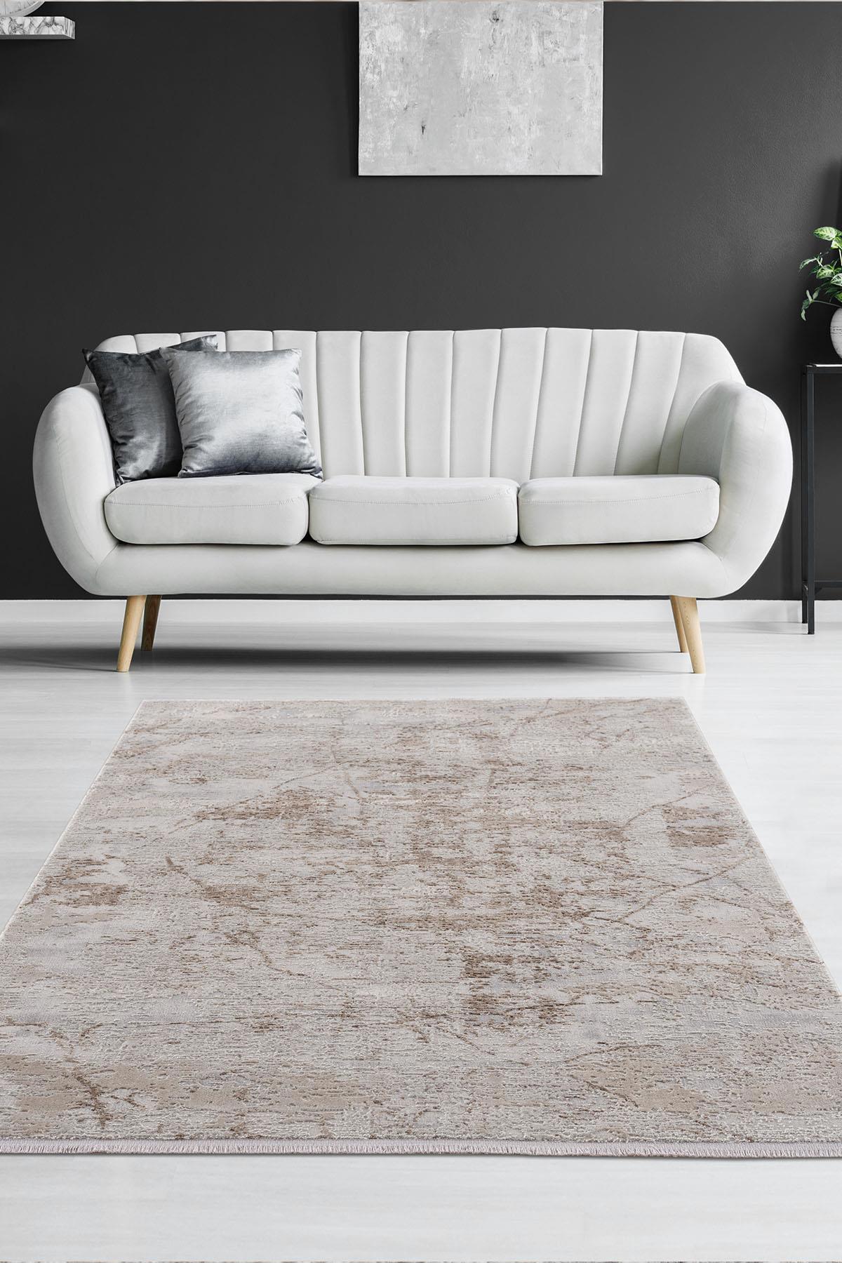 Petra Home Living Gri 10 mm Polipropilen Leke Tutmaz-Toz Tutmaz Yıkanabilir Orta Pamuk Taban Soyut Temalı Dikdörtgen Makine Dokuma Salon Halısı 160x235 cm