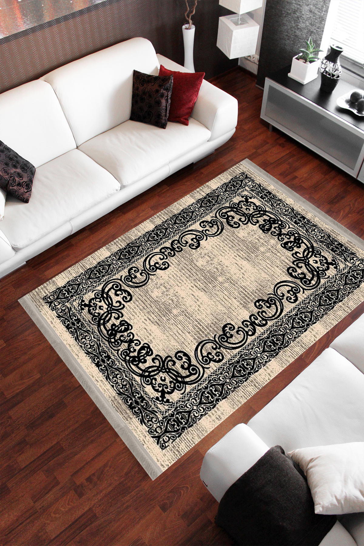 Homier Collection H-KS-3051B Krem 7 mm Pamuk Antibakteriyel Yıkanabilir Orta Kaymaz Dot Taban Dikdörtgen Makine Dokuma Salon Halısı 180x300 cm