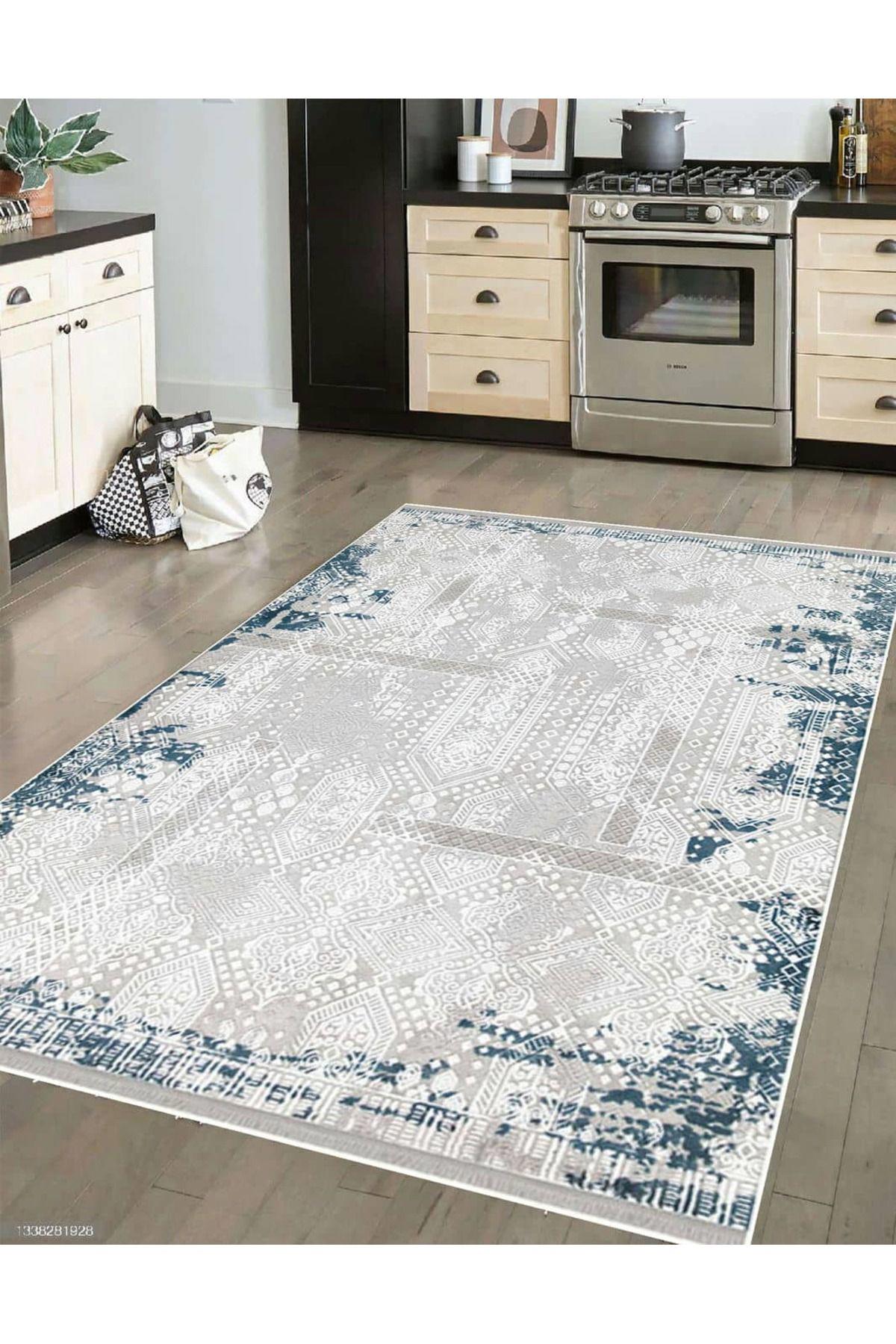 İpek Mekik Halı Gaspara Gri-Mavi 10 mm Akrilik Yıkanabilir Orta Kaymaz Pamuk Taban Dikdörtgen Makine Dokuma Antre-Çocuk Odası-Salon-Yatak Odası Halısı 160x230 cm