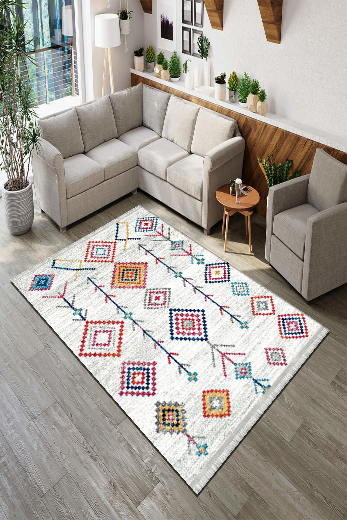Roslyn Home Krem 6 mm Polyester Toz Tutmaz Yıkanabilir İnce Kaymaz Dot Taban Dikdörtgen Makine Dokuma Salon Halısı 120x200 cm