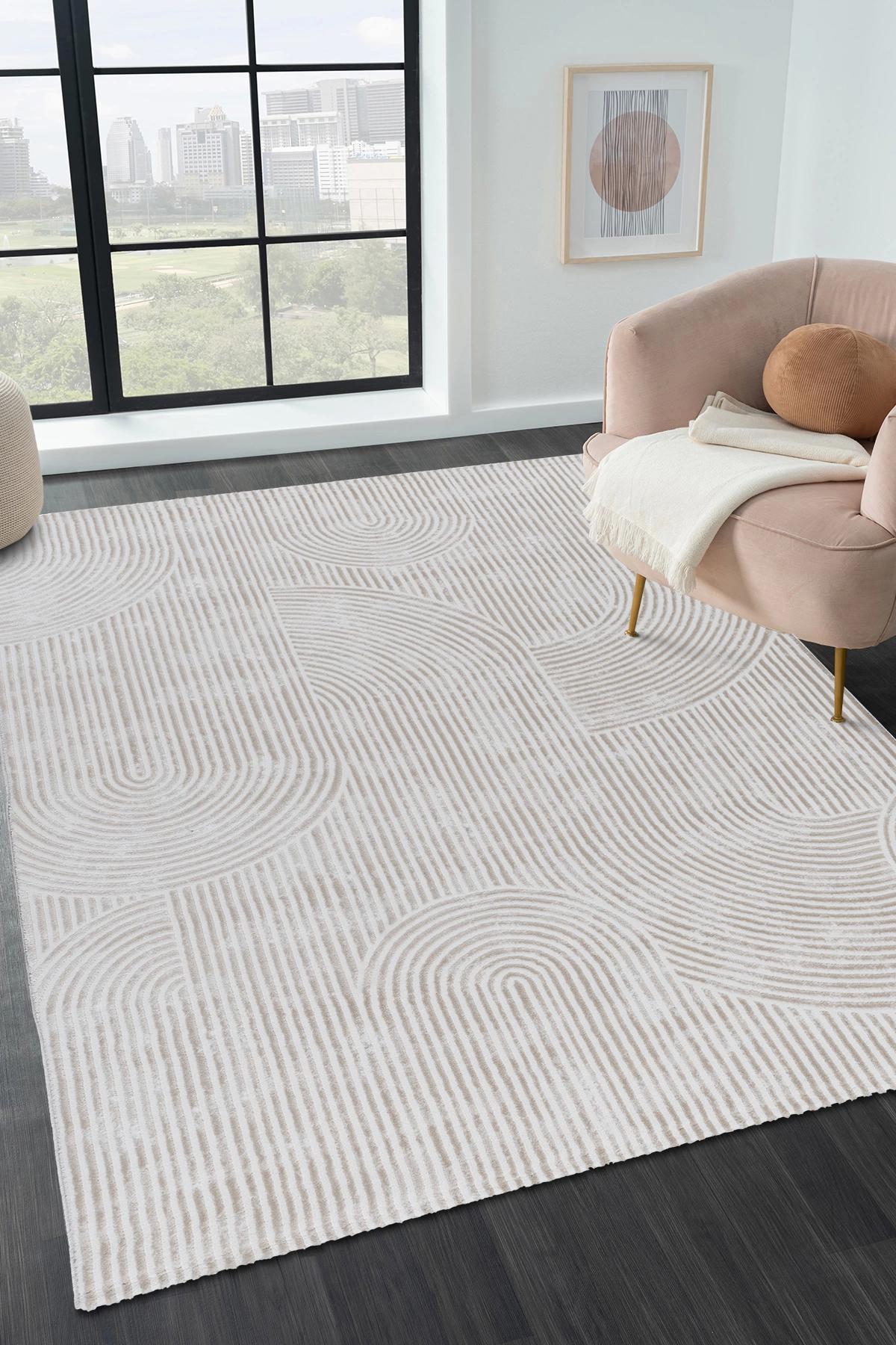Şehrazat Home 1120 Bej 0.9 mm Polyester Antibakteriyel Yıkanabilir İnce Kaymaz Dikdörtgen Makine Dokuma Salon Halısı 100x300 cm