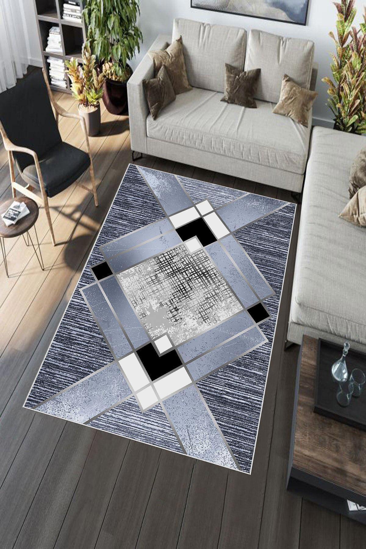 Aldora A241 Mavi 9 mm Deri Leke tutmaz Yıkanabilir İnce Kaymaz Deri Taban Dikdörtgen Makine Dokuma Salon Halısı 100x150 cm