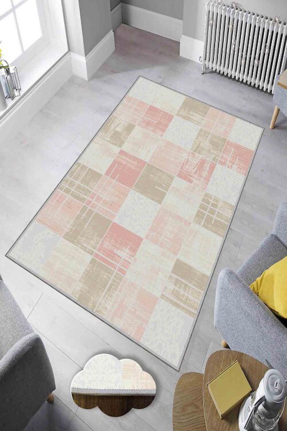 Homefesto Krem 5 mm Polyester Leke Tutmaz Yıkanabilir İnce Kaymaz Taban Dikdörtgen Makine Dokuma Salon Halısı 140x140 cm