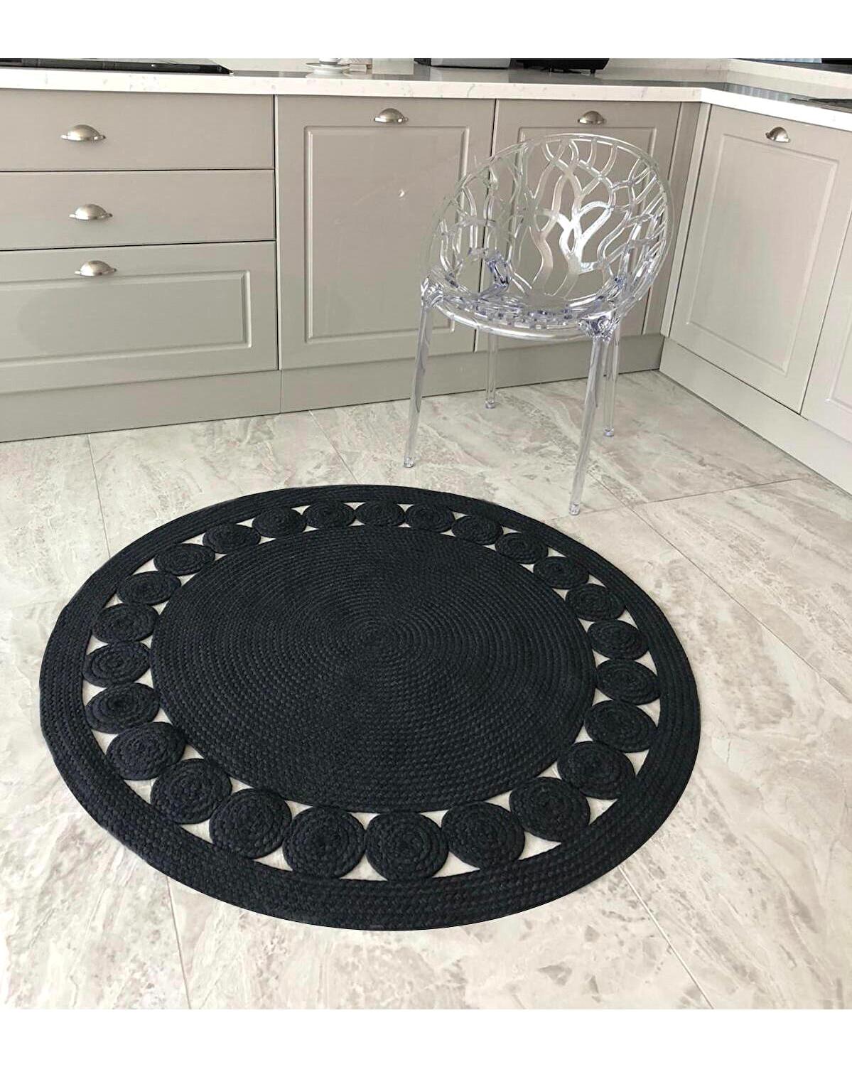 Evve Mall 3 Siyah 7 mm Pamuk Silinebilir Yıkanabilir Orta Kaymaz Taban Yuvarlak Makine Dokuma Salon Halısı 80x150 cm