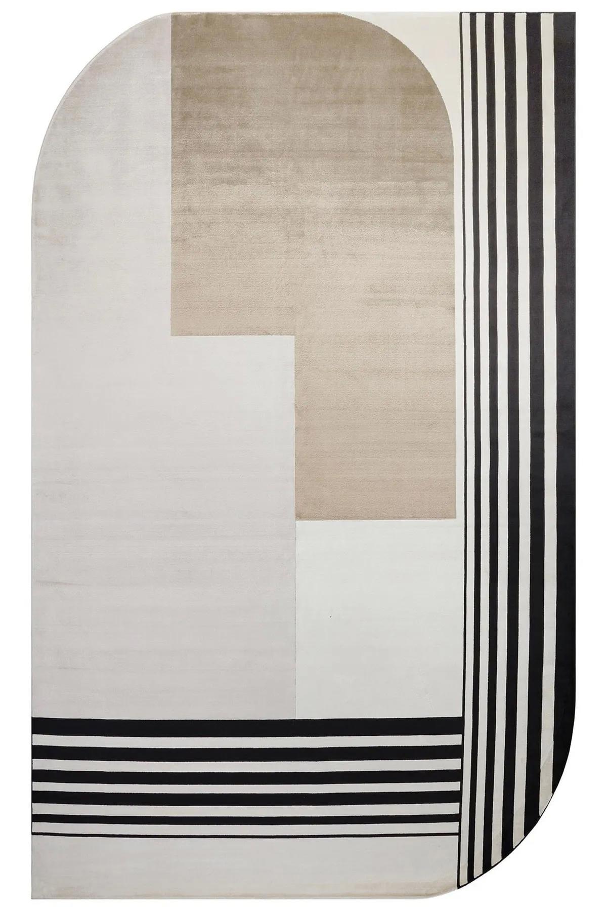 Eko Halı Merano MRN05 Krem-Siyah 6 mm Polyester Antibakteriyel Yıkanabilir Orta Kaymaz Dikdörtgen Makine Dokuma Salon Halısı 180x180 cm