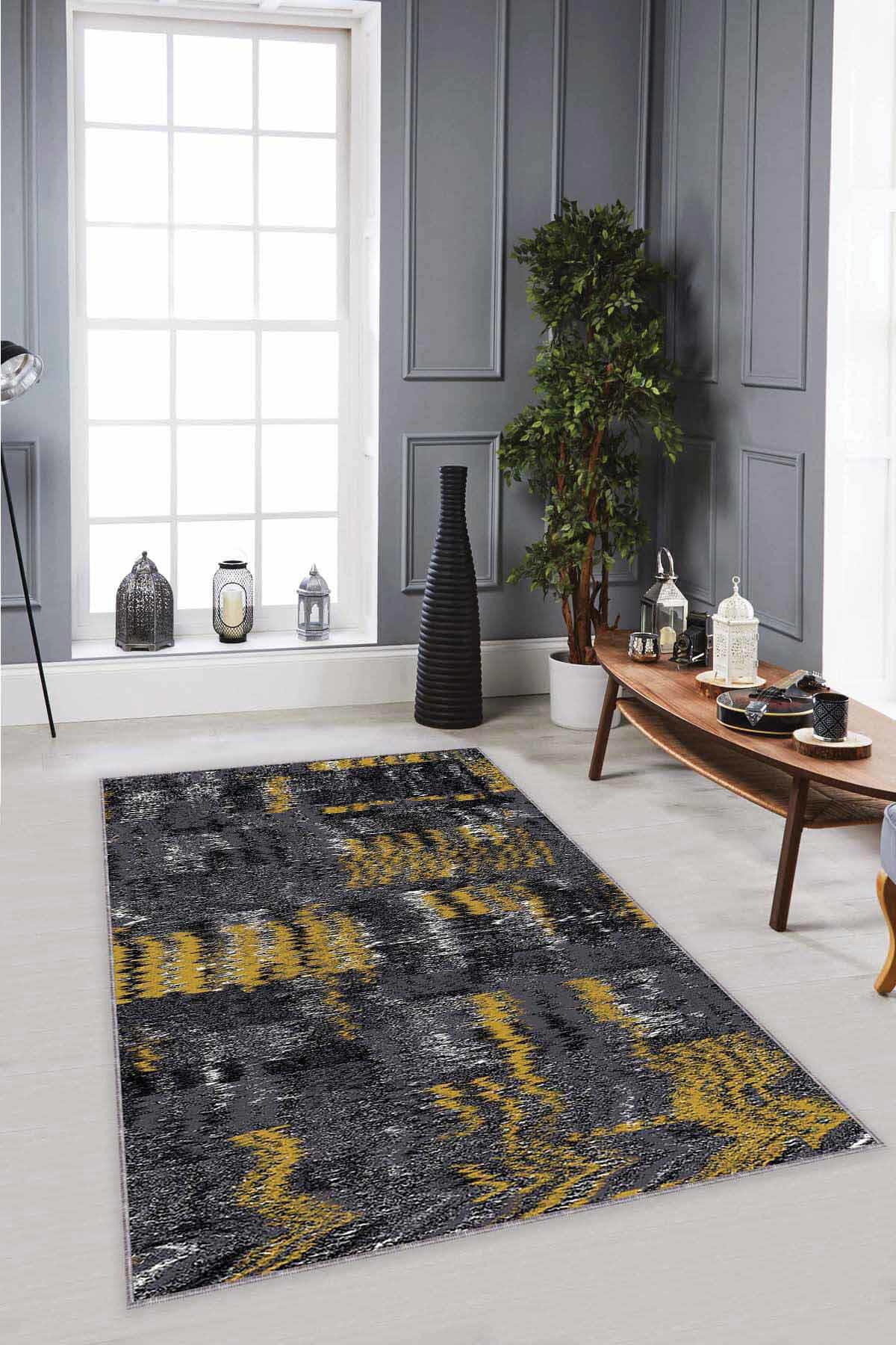 Viva Home MX09 Füme - Sarı 7 mm Mikropolyester Silinebilir Yıkanabilir Kaymaz Dikdörtgen Makine Dokuma Salon Halısı 80x150 cm