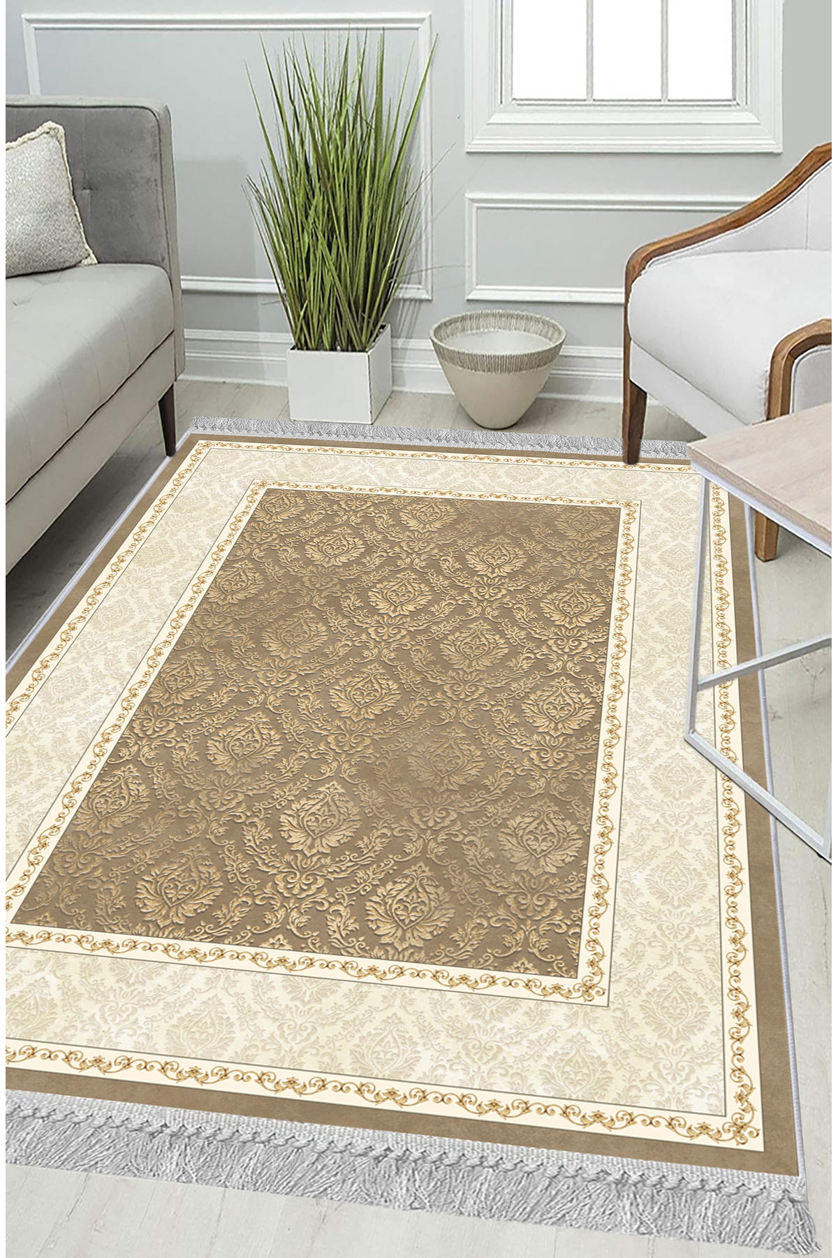 Artizon ART237 Altın 0.8 mm Polyester Toz Tutmaz Yıkanabilir İnce Kaymaz Dot Taban Dikdörtgen Makine Dokuma Salon Halısı 120x170 cm