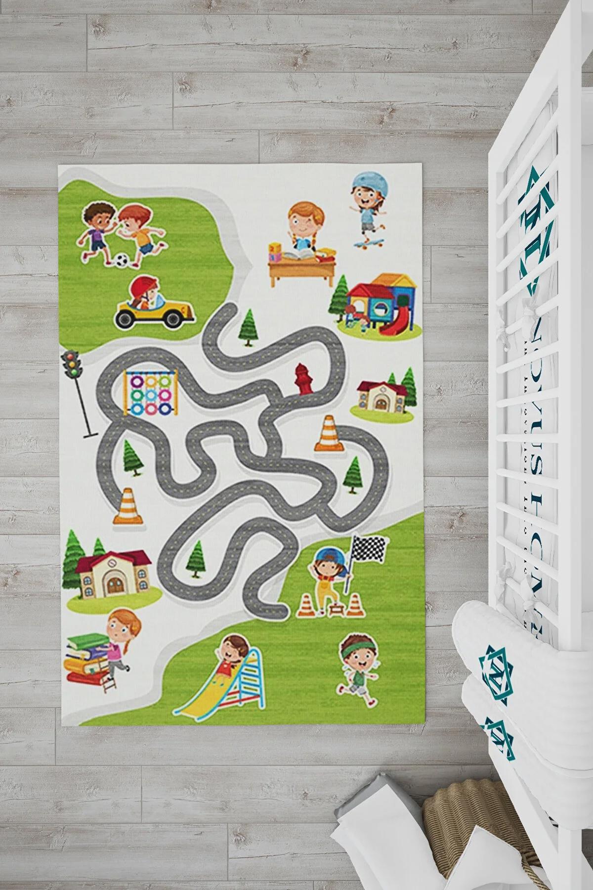 Novus Home Punto Serisi Çok Renkli 7 mm Polyester Antibakteriyel-Toz Tutmaz-Yalıtıma Yardımcı Yıkanabilir İnce Kaymaz Taban Yuvarlak Makine Dokuma Çocuk Odası Halısı 120x180 cm