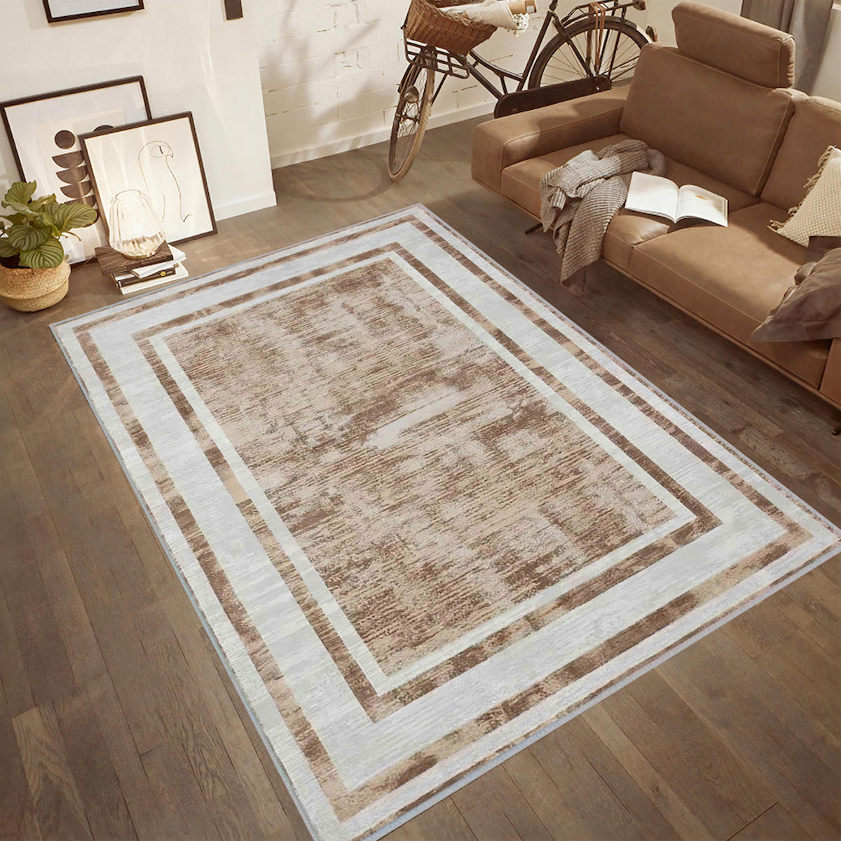 Rovigo Home RVG0555 Bej-Kahverengi 8 mm Polyester Antibakteriyel-Leke Tutmaz-Toz Tutmaz Yıkanabilir İnce Kaymaz Dot Taban Dikdörtgen Makine Dokuma Salon Halısı 80x300 cm