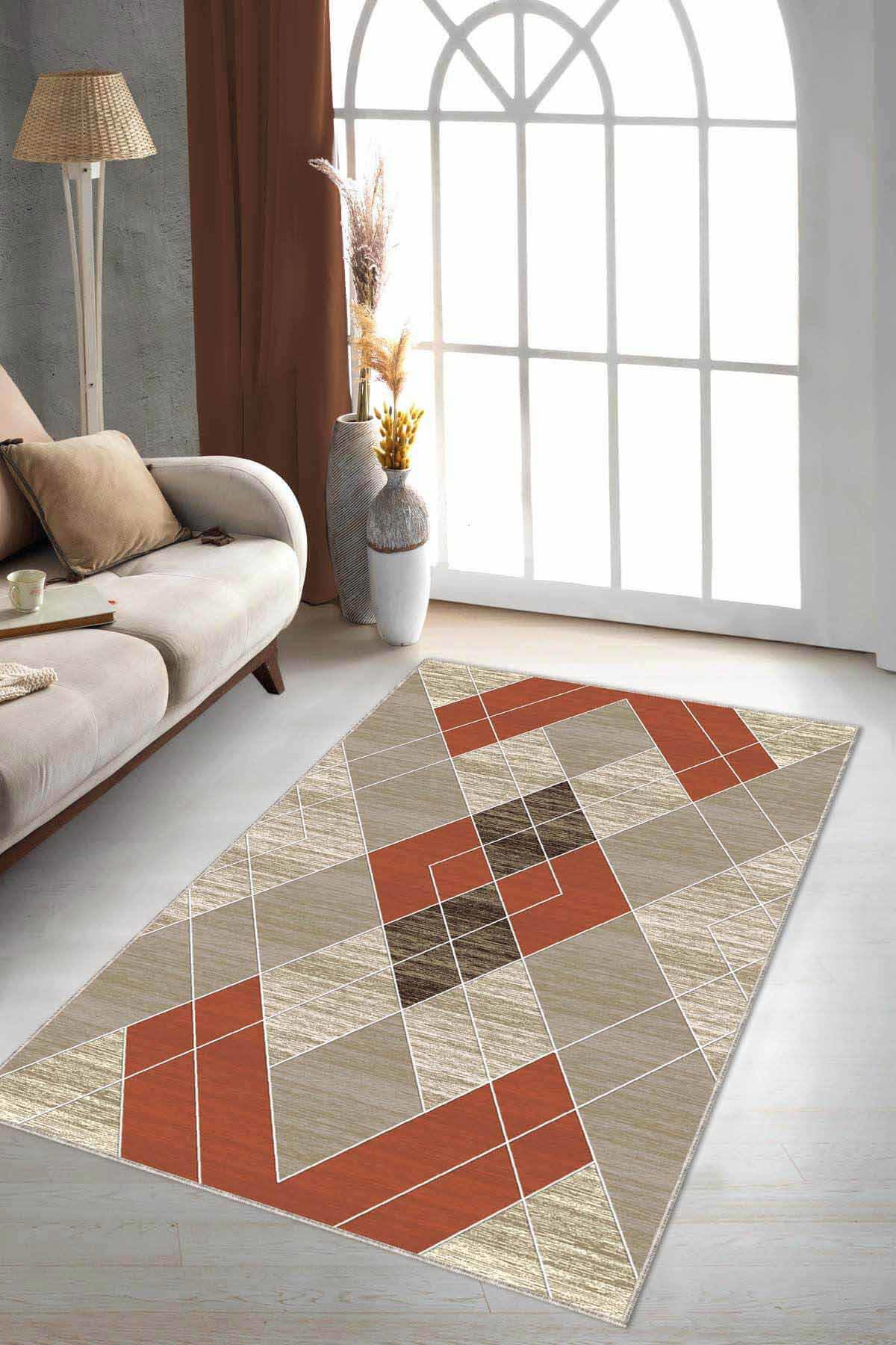 Viva Home DD09 Çok Renkli 7 mm Mikropolyester Yıkanabilir İnce Kaymaz Taban Dikdörtgen Makine Dokuma Salon Halısı 140x200 cm
