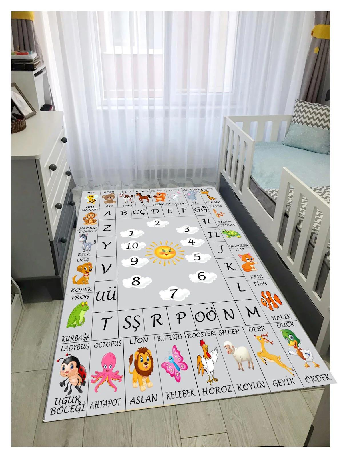 Sty Home Pembe 0.8 mm Antibakteriyel Yıkanabilir İnce Kaymaz Dot Taban Hayvan Desenli Dikdörtgen Makine Dokuma Çocuk Odası Halısı 100x200 cm