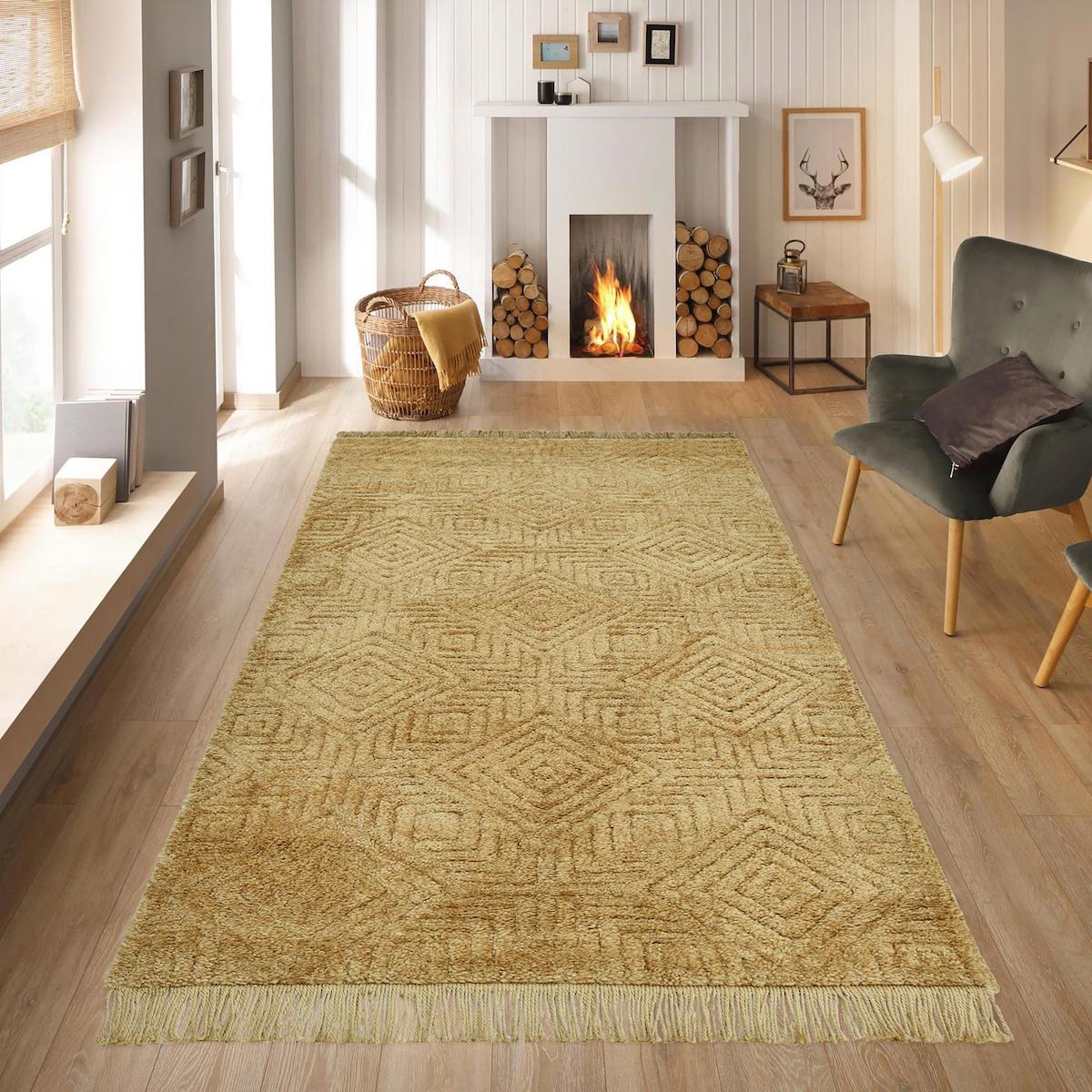 Giza Home 1176-RR55 Sarı 20 mm Polyester Toz Tutmaz Yıkanabilir Kalın Kaymaz Dikdörtgen Makine Dokuma Salon Halısı 120x200 cm