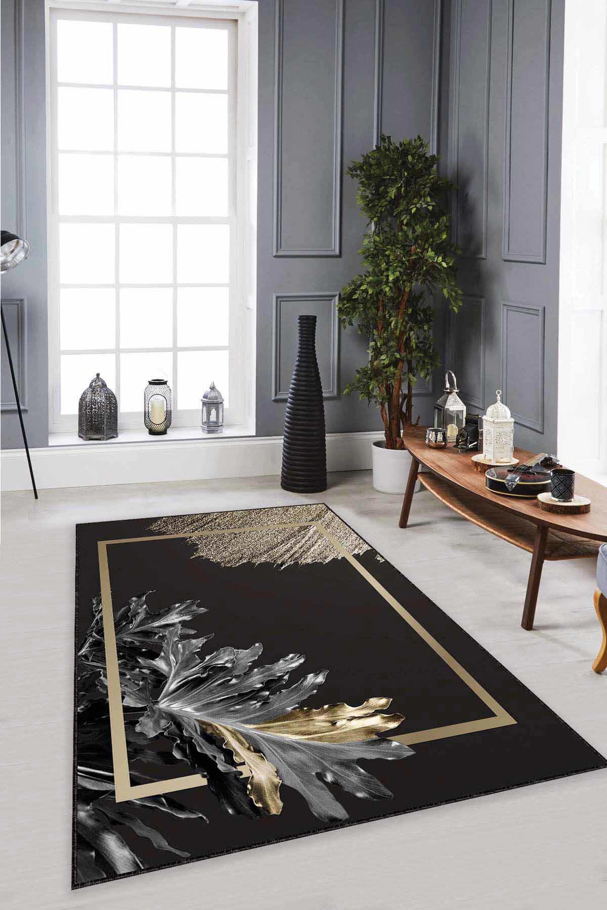 Viva Home RV355 Altın-Siyah 7 mm Mikropolyester Antibakteriyel Yıkanabilir Kalın Kaymaz Lateks Taban Dikdörtgen Makine Dokuma Salon Halısı 120x180 cm