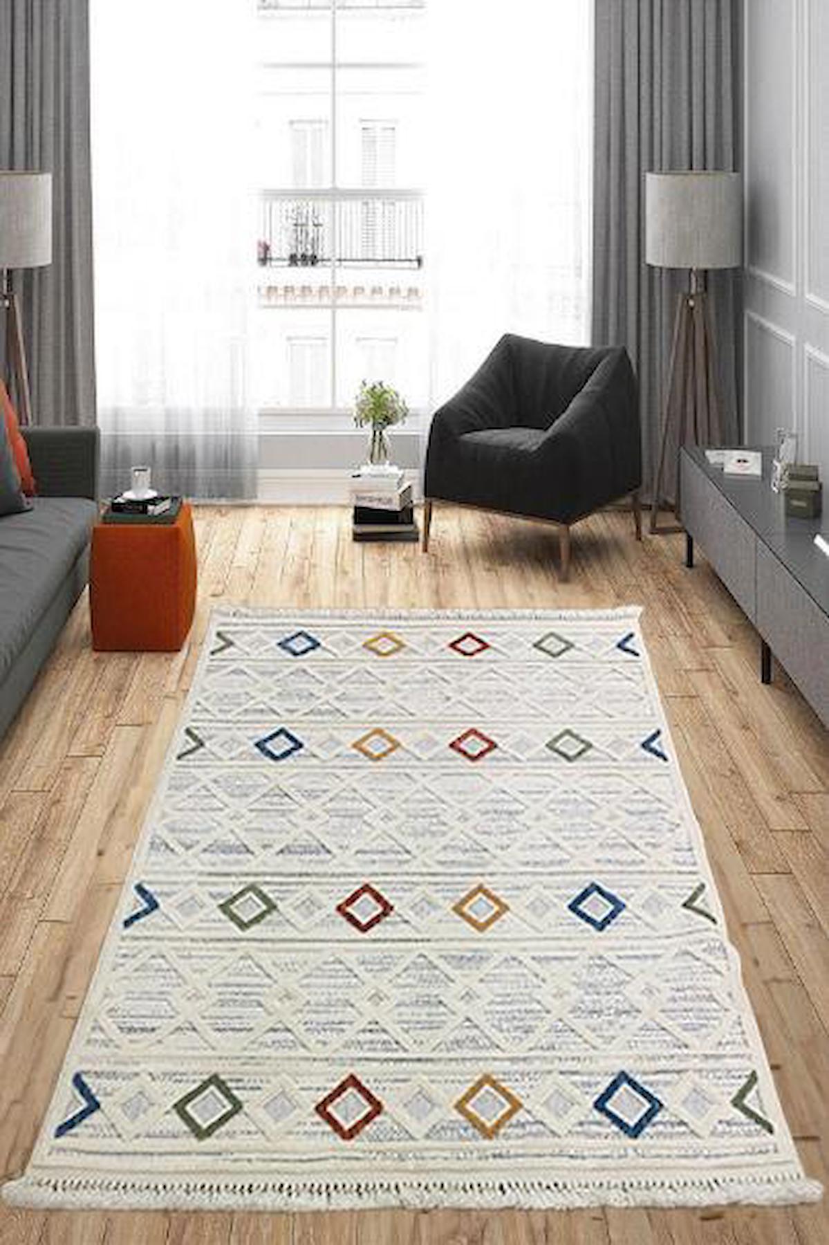 Enti Halı Polo 7805 Krem 10 mm Polyester Silinebilir Yıkanabilir Orta Dikdörtgen Makine Dokuma Oturma Odası Halısı 200x290 cm