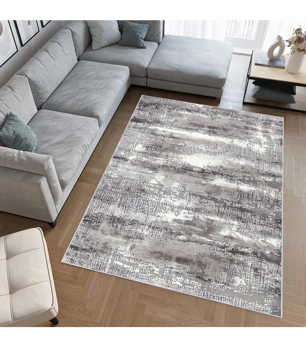 Rovigo Home RVG0483 Gri 8 mm Polyester Antibakteriyel-Leke Tutmaz-Toz Tutmaz Yıkanabilir İnce Kaymaz Dot Taban Dikdörtgen Makine Dokuma Salon Halısı 80x150 cm
