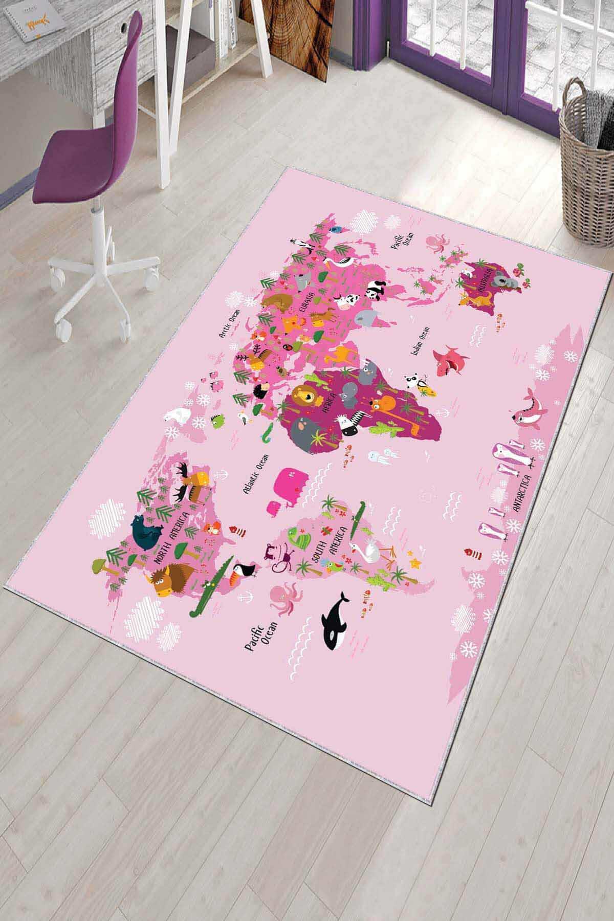Viva Home AR242 Pembe 7 mm Mikropolyester Leke Tutmaz Yıkanabilir İnce Kaymaz Dot Taban Dikdörtgen Makine Dokuma Çocuk Odası Halısı 100x200 cm