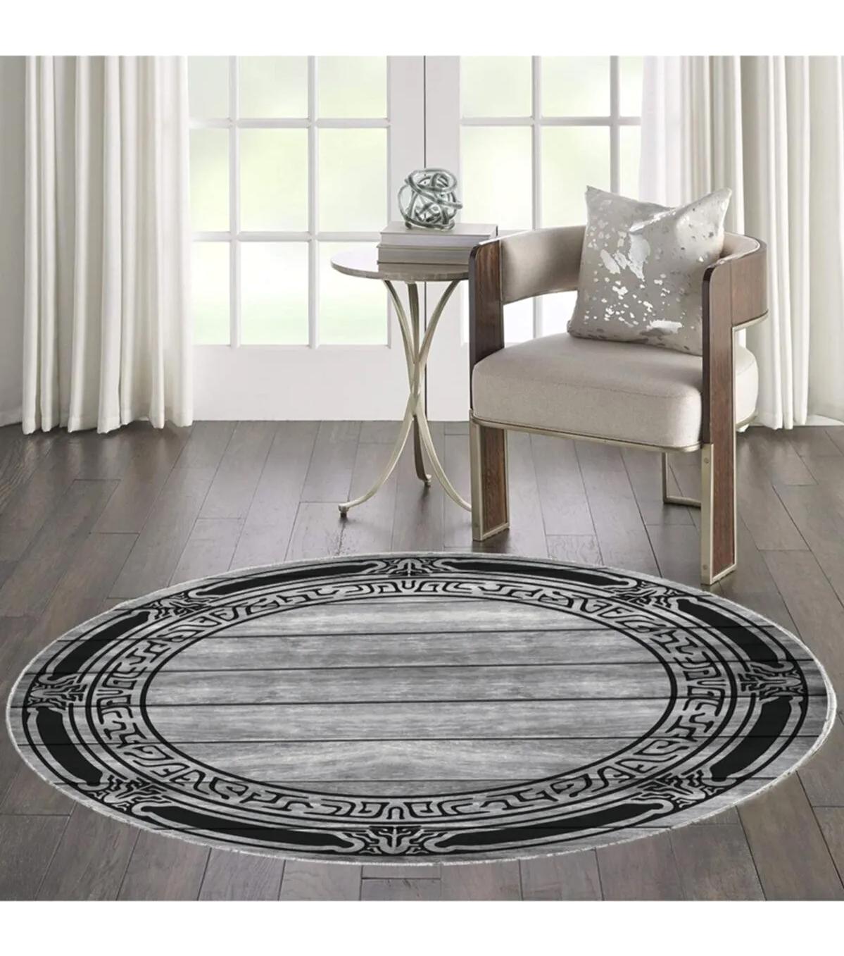 Rovigo Home RVG7073 Gri 8 mm Polyester Antibakteriyel-Leke Tutmaz-Toz Tutmaz Yıkanabilir İnce Kaymaz Dot Taban Yuvarlak Makine Dokuma Salon Halısı 80x120 cm