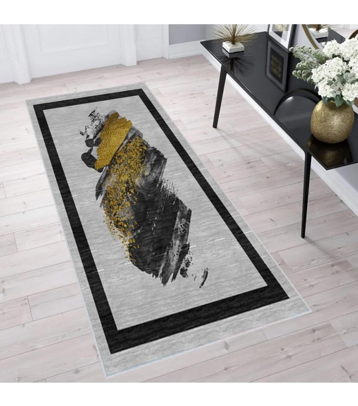 Rovigo Home RVG1325-HS244 Gri 8 mm Polyester Leke Tutmaz-Toz Tutmaz Yıkanabilir İnce Kaymaz Dot Taban Dikdörtgen Makine Dokuma Salon Halısı 50x80 cm
