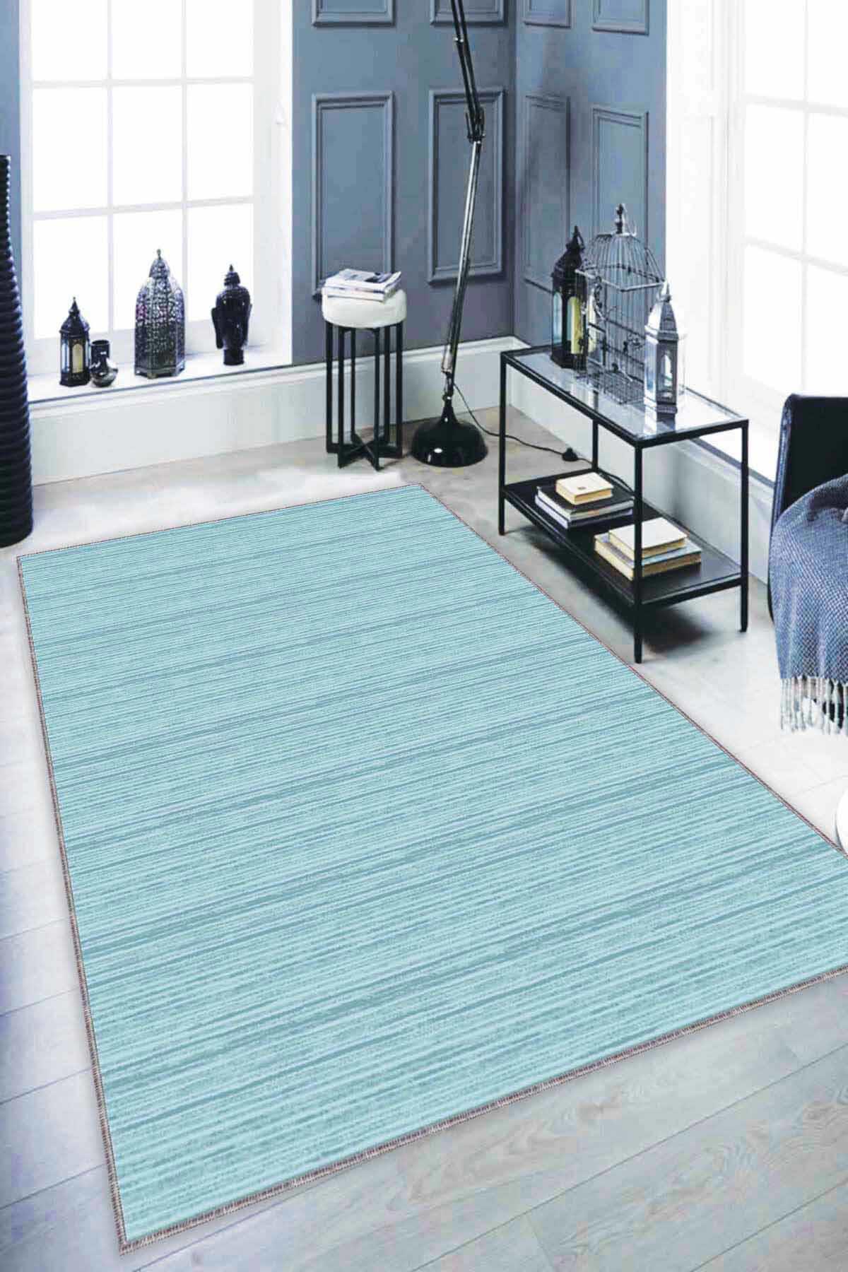 Viva Home ST05 Turkuaz 7 mm Mikropolyester Koku Yapmaz-Leke Tutmaz-Toz Tutmaz Yıkanabilir İnce Kaymaz Dot Taban Dikdörtgen Makine Dokuma Antre-Oturma Odası-Salon-Yatak Odası Halısı 120x300 cm