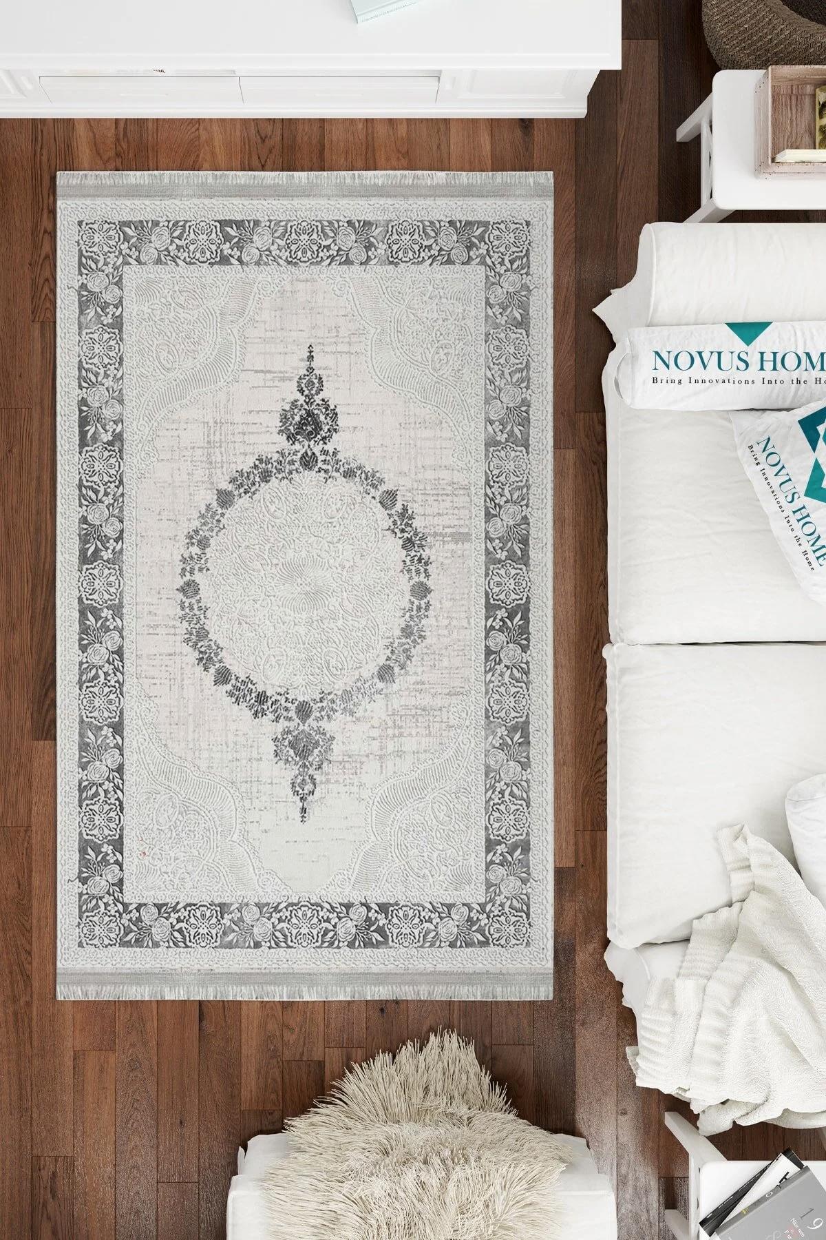 Novus Home Westa Serisi Krem-Siyah 6 mm Pamuk Antibakteriyel-Toz Tutmaz-Yalıtıma Yardımcı Yıkanabilir İnce Kaymaz Taban Dikdörtgen Makine Dokuma Antre-Salon-Yatak Odası Halısı 140x200 cm