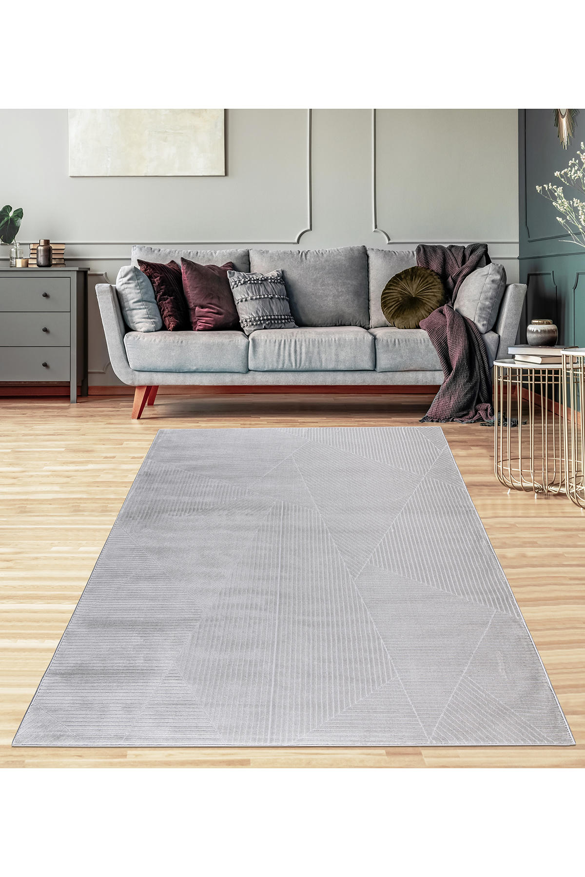Petra Home Living 0131A Gri 20 mm Polyester Antibakteriyel Yıkanabilir Kalın Kaymaz Lateks Taban Geometrik Dikdörtgen Makine Dokuma Çocuk Odası-Oturma Odası-Salon Halısı 120x200 cm