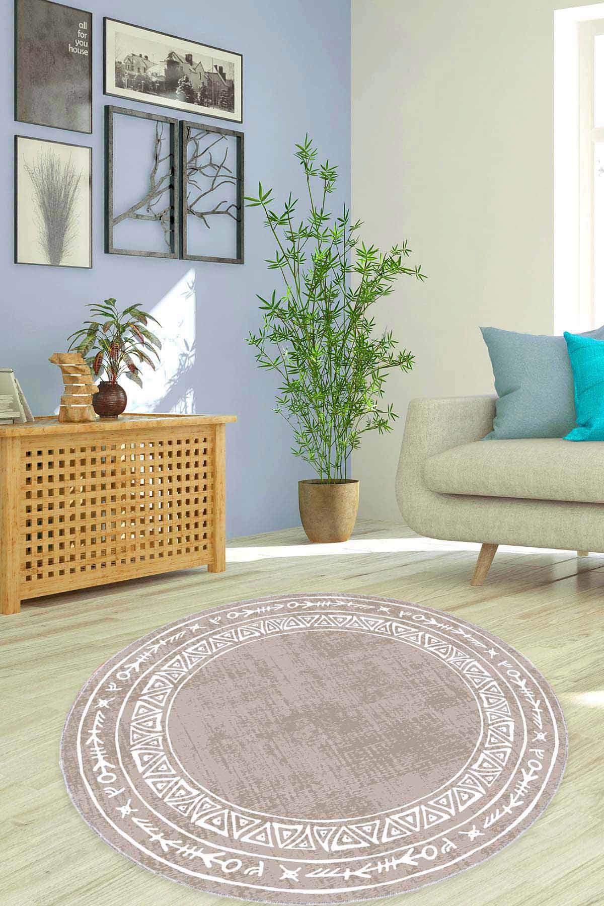 Viva Home AR1338 Bej 7 mm Mikropolyester Yıkanabilir İnce Kaymaz Jüt Taban Yuvarlak Makine Dokuma Salon Halısı 120x180 cm