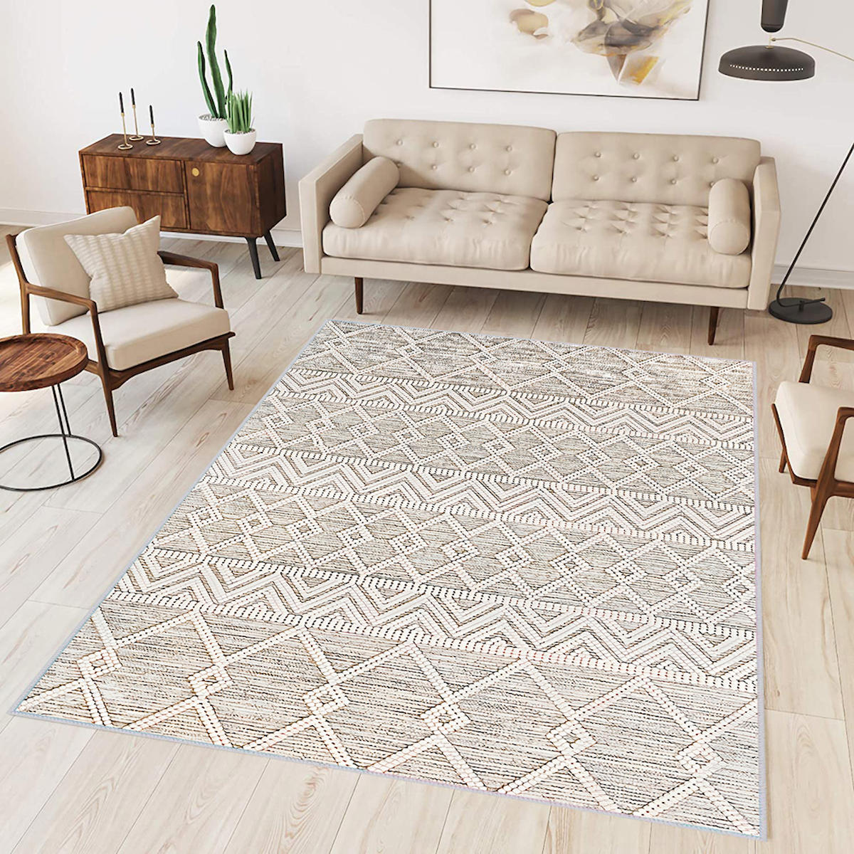Rovigo Home RVG0303 Krem 8 mm Polyester Antibakteriyel-Leke Tutmaz-Toz Tutmaz Yıkanabilir İnce Kaymaz Dot Taban Dikdörtgen Makine Dokuma Salon Halısı 160x230 cm