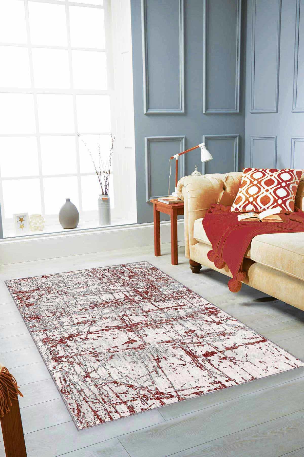 Viva Home AR012 Bordo 7 mm Mikropolyester Leke Tutmaz-Toz Tutmaz Yıkanabilir Orta Kaymaz Dot Taban Dikdörtgen Makine Dokuma Salon Halısı 100x200 cm