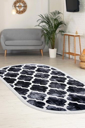 Dijidekor Siyah 6 mm Polyester Antialerjenik Yıkanabilir Orta Kaymaz Dot Taban Oval Makine Dokuma Salon Halısı 80x150 cm