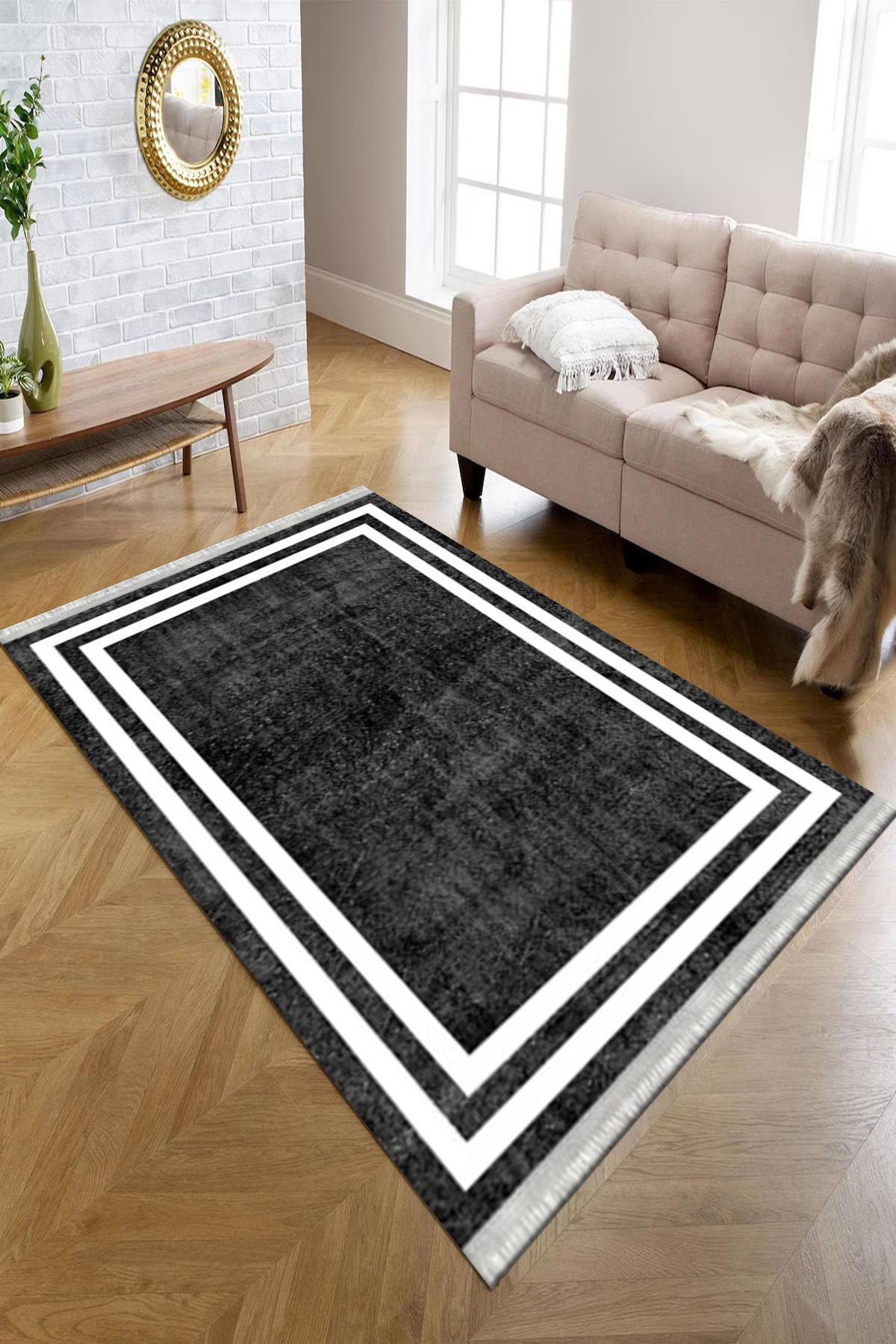Kreatif Halı Antrasit 4 mm Polyester Antibakteriyel Yıkanabilir İnce Kaymaz Dot Taban Dikdörtgen Makine Dokuma Salon Halısı 120x180 cm