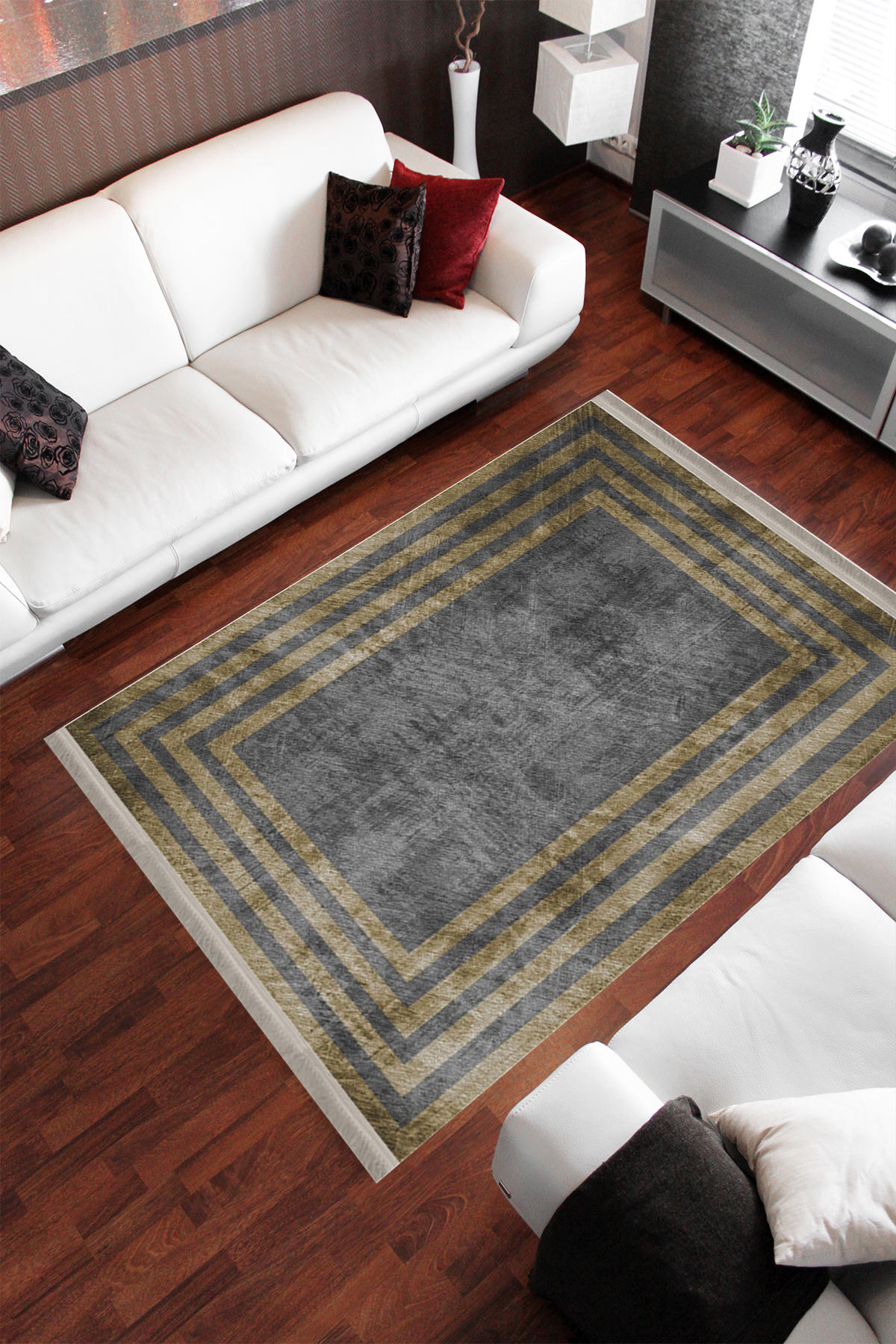 Homier Collection H-MD-0067A Altın-Gri 7 mm Pamuk Antibakteriyel Yıkanabilir Orta Kaymaz Dot Taban Dikdörtgen Makine Dokuma Salon Halısı 80x180 cm