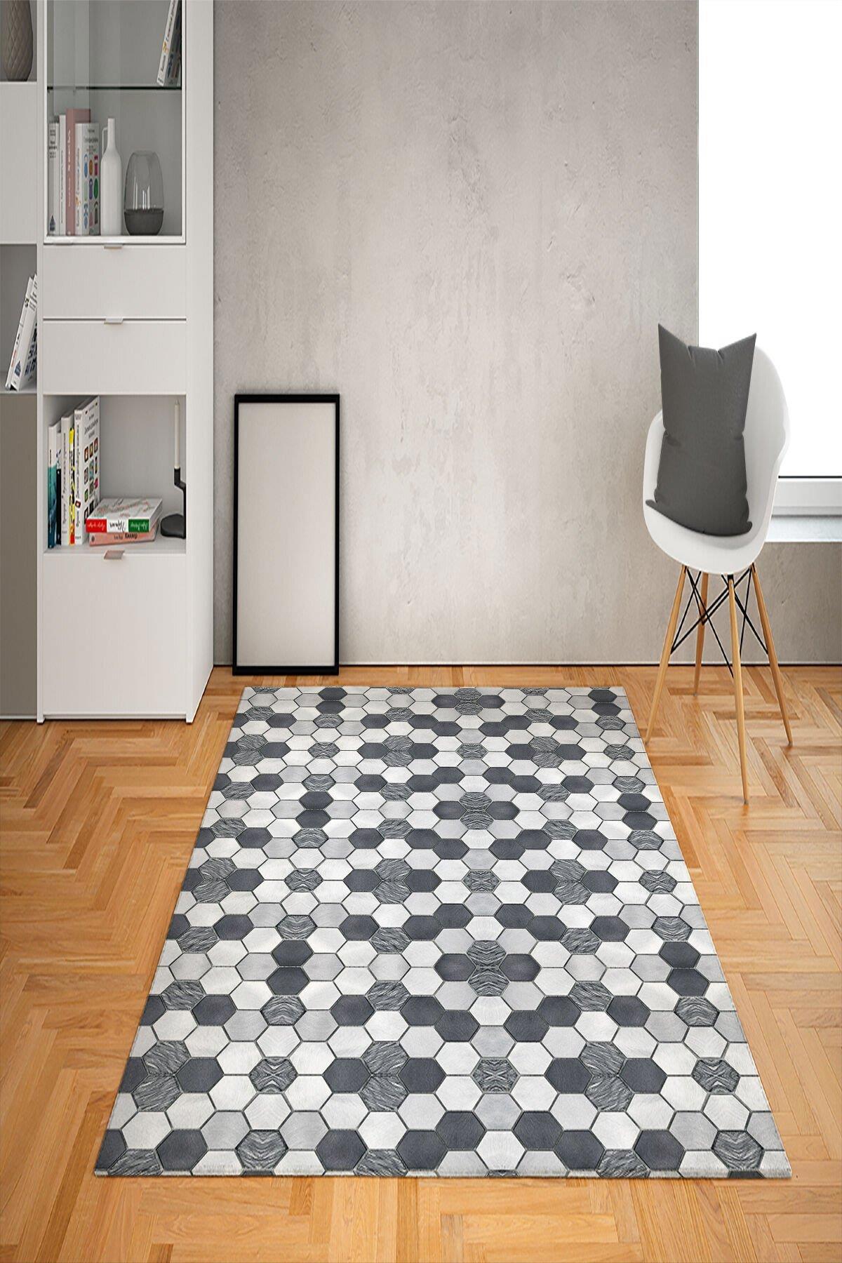 Doruklar Home Collection Çok Renkli 0.7 mm Polyester Antibakteriyel Yıkanabilir Kalın Kaymaz Taban Geometrik Dikdörtgen Makine Dokuma Salon Halısı 80x500 cm