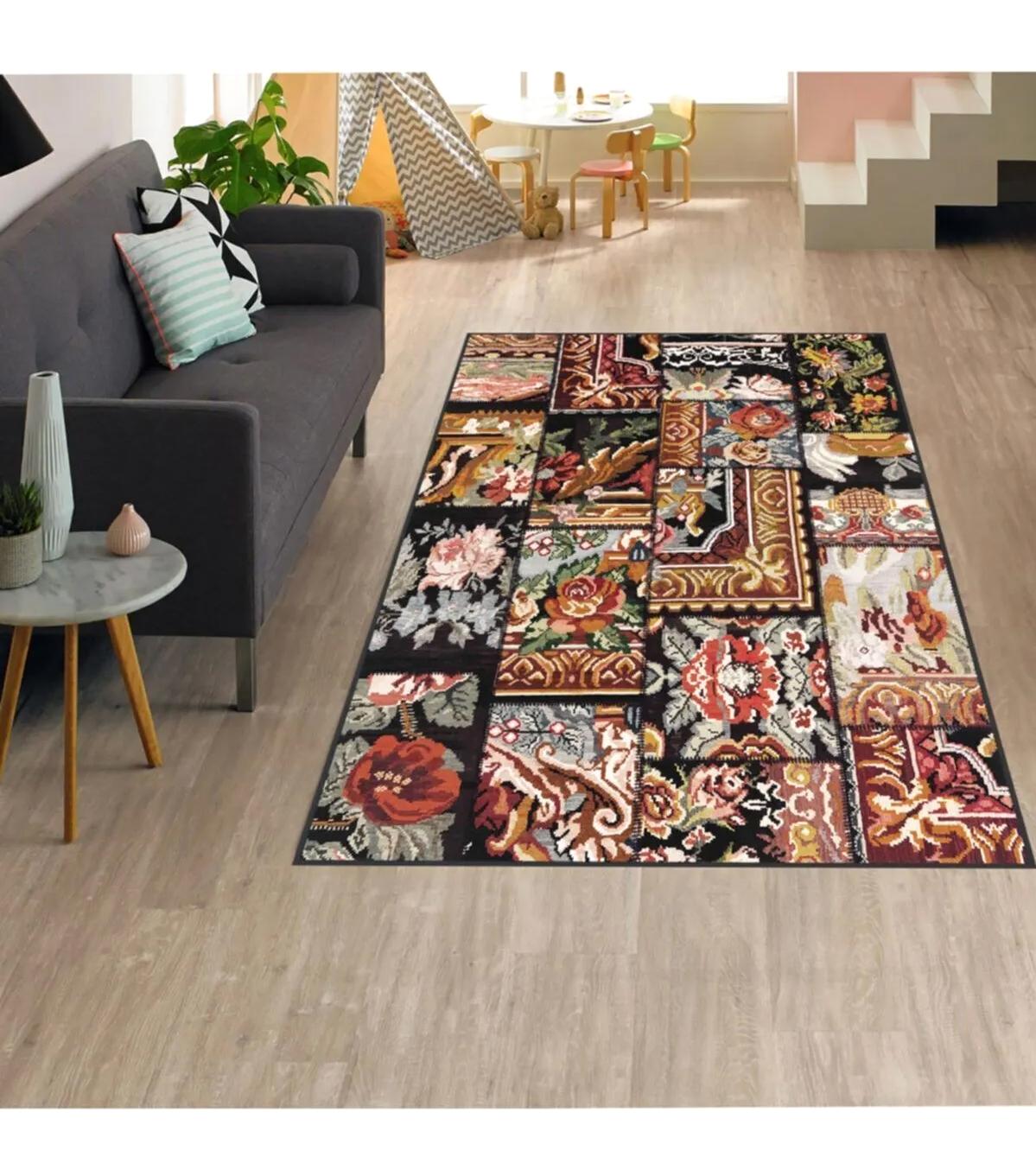 Rovigo Home RVG1283 Çok Renkli 8 mm Polyester Leke Tutmaz-Toz Tutmaz Yıkanabilir İnce Kaymaz Dot Taban Dikdörtgen Makine Dokuma Salon Halısı 180x180 cm