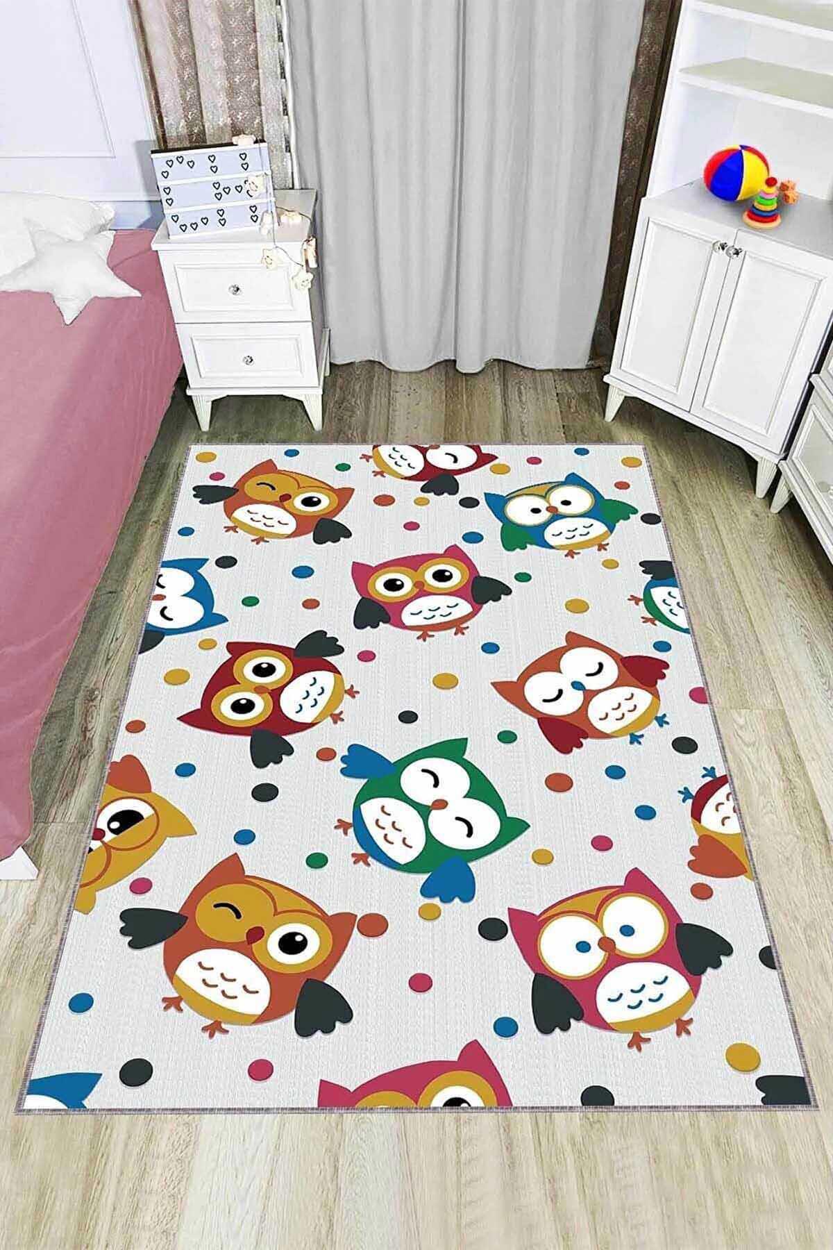 Viva Home KD055 Krem 7 mm Mikropolyester Yalıtıma Yardımcı Yıkanabilir Orta Kaymaz Dot Taban Hayvan Desenli Dikdörtgen Makine Dokuma Çocuk Odası Halısı 160x160 cm