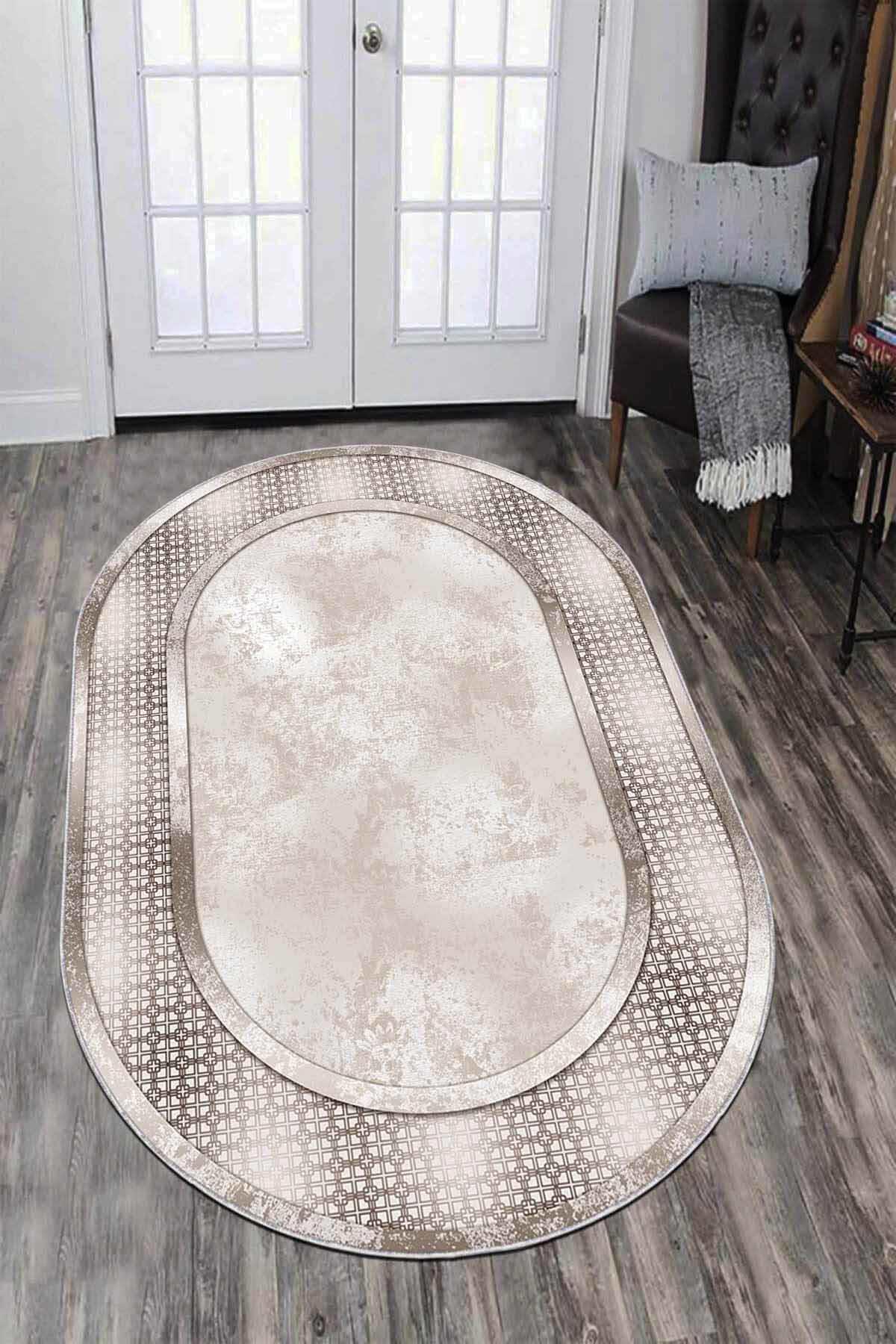 Viva Home AR715 Bej 7 mm Mikropolyester Yıkanabilir İnce Kaymaz Jüt Taban Oval Makine Dokuma Salon Halısı 80x200 cm