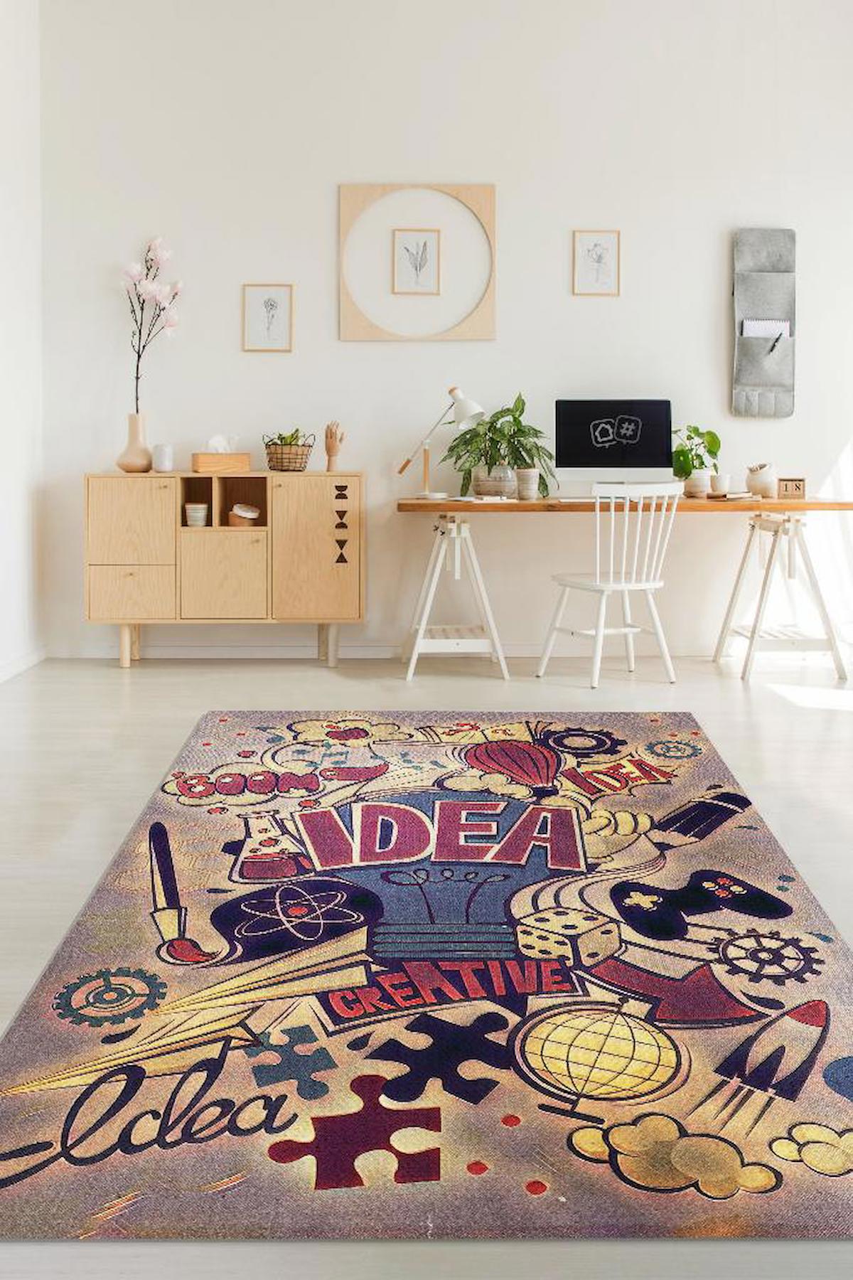 Homshtag Fikir Dünyası Krem 4 mm Pamuk Antistatik Yıkanabilir İnce Kaymaz Dikdörtgen Makine Dokuma Çalışma Odası Halısı 160x160 cm