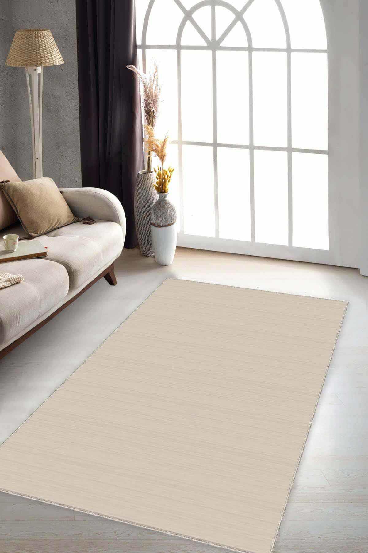 Viva Home ST07 Bej 7 mm Mikropolyester Leke Tutmaz Yıkanabilir İnce Kaymaz Dot Taban Dikdörtgen Makine Dokuma Salon Halısı 80x300 cm