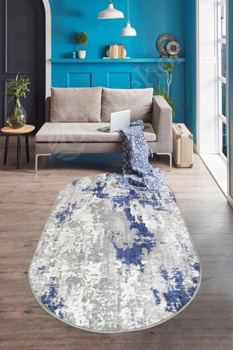 Dijidekor Deluxe Lacivert 7 mm Polyester Orta Kaymaz Deri Taban Oval Makine Dokuma Salon Halısı 180x180 cm