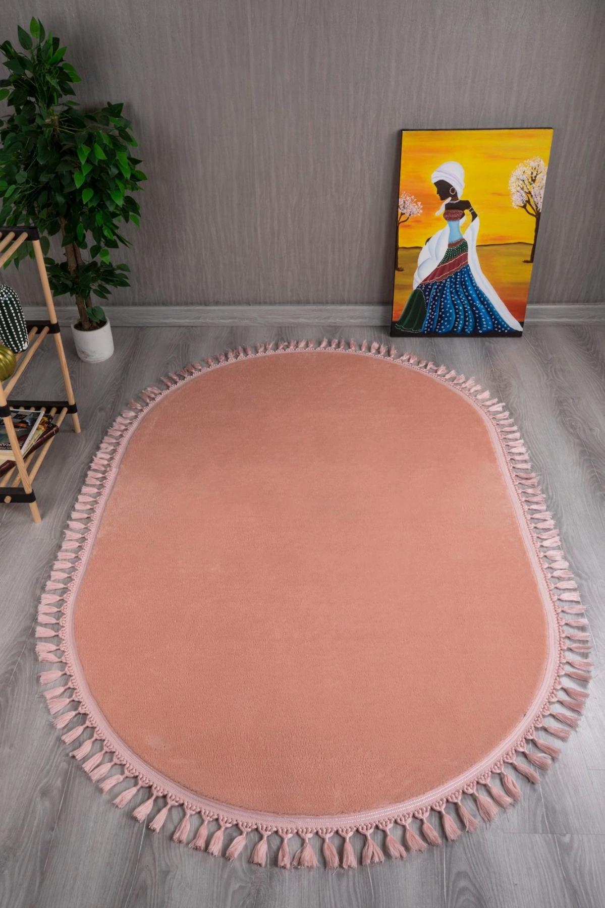 Orkide Home Pembe 10 mm Polyester Yıkanabilir İnce Kaymaz Jel Taban Oval Makine Dokuma Salon Halısı 100x300 cm